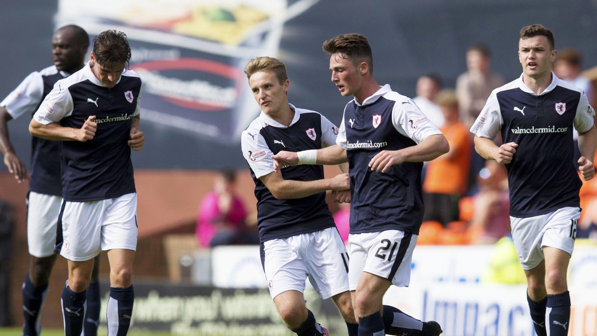 Raith's Jordan Thompson celebrates pulling a goal back against Dundee United