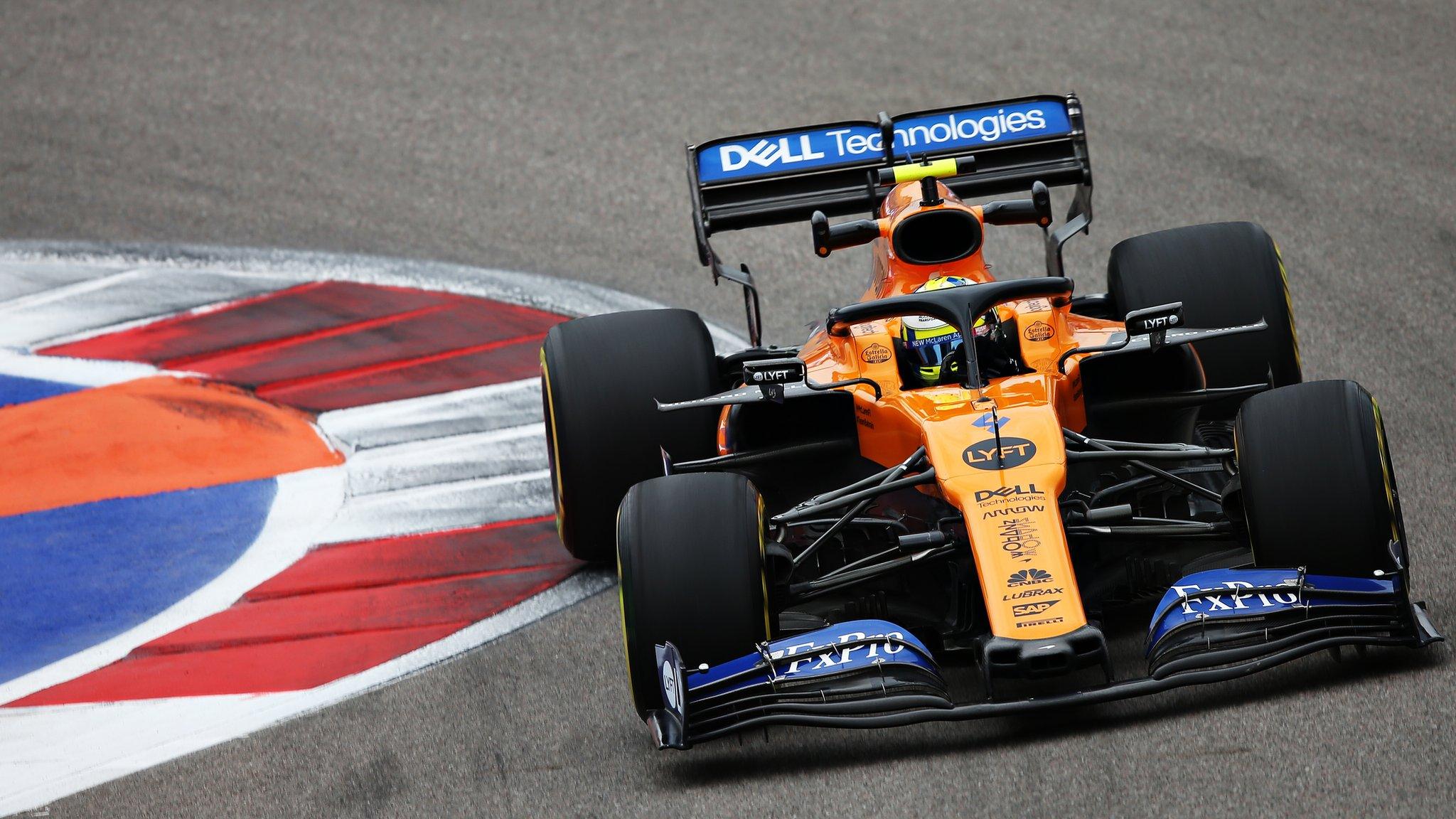 Lando Norris driving a McLaren in practice for the Russian Grand Prix