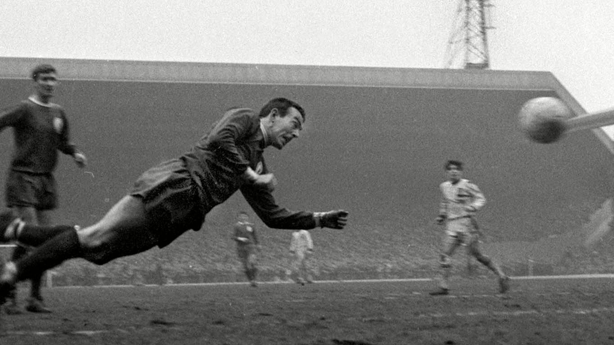 Ian St John heading the ball v Aston Villa, 1967