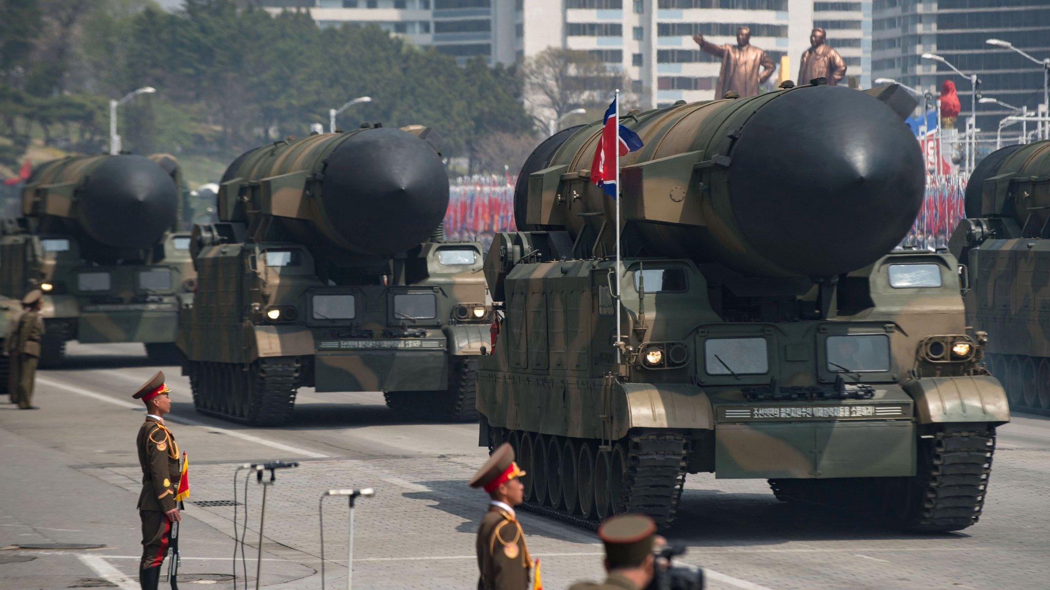 Rockets are displayed during a military parade marking the 105th anniversary of the birth of late North Korean leader Kim Il-Sung in Pyongyang on April 15, 2017.