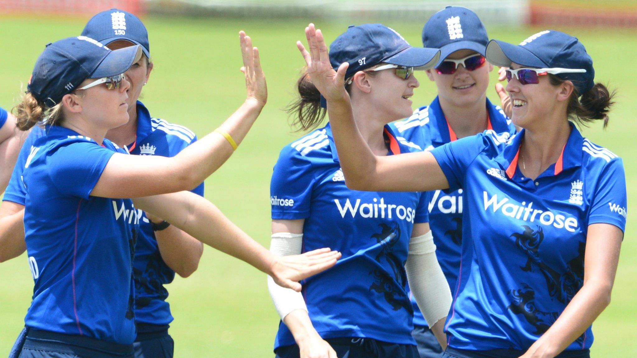 England's Jenny Gunn (far right) celebrates a wicket