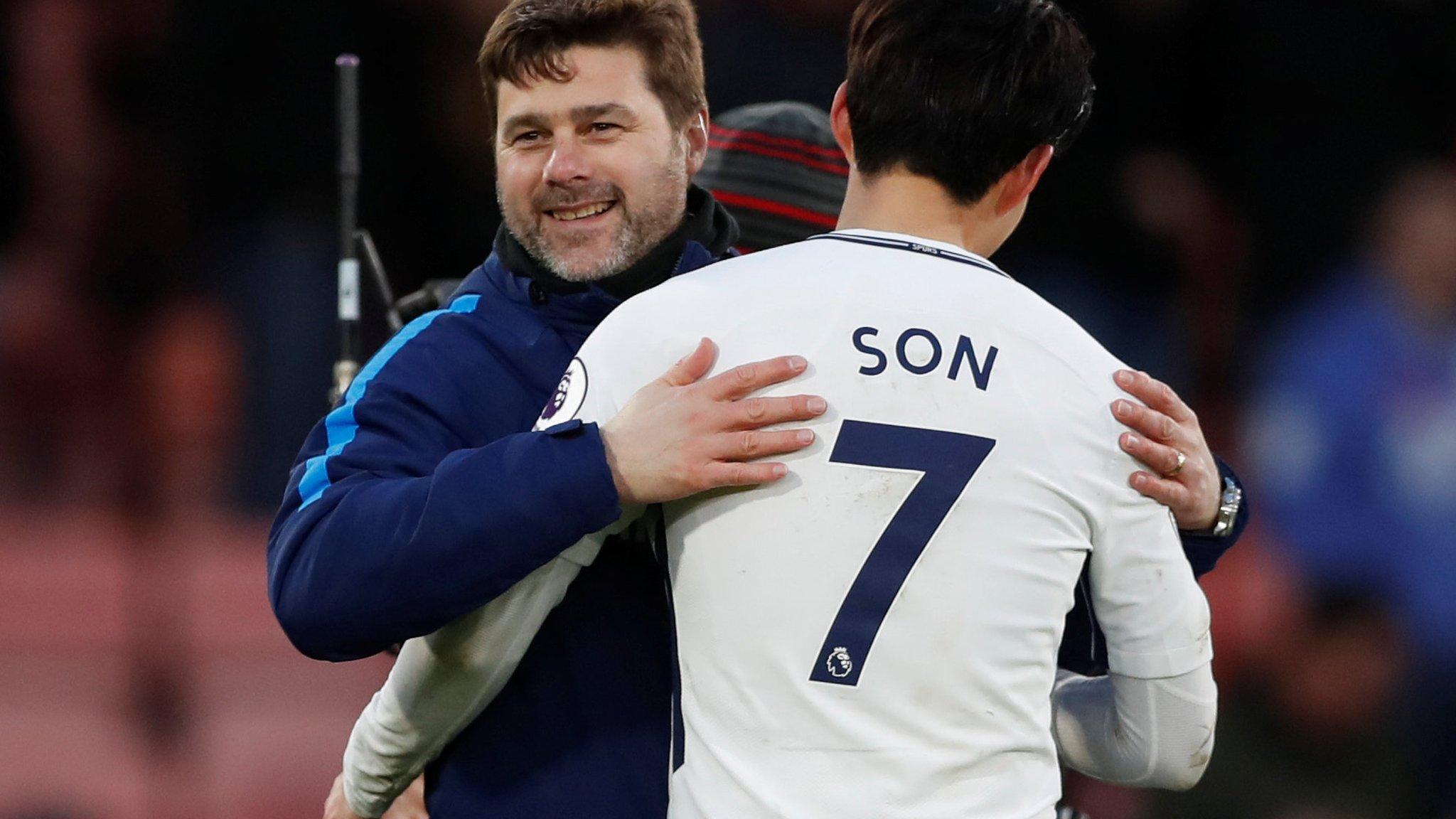 Mauricio Pochettino celebrates after the match with Son Heung-min