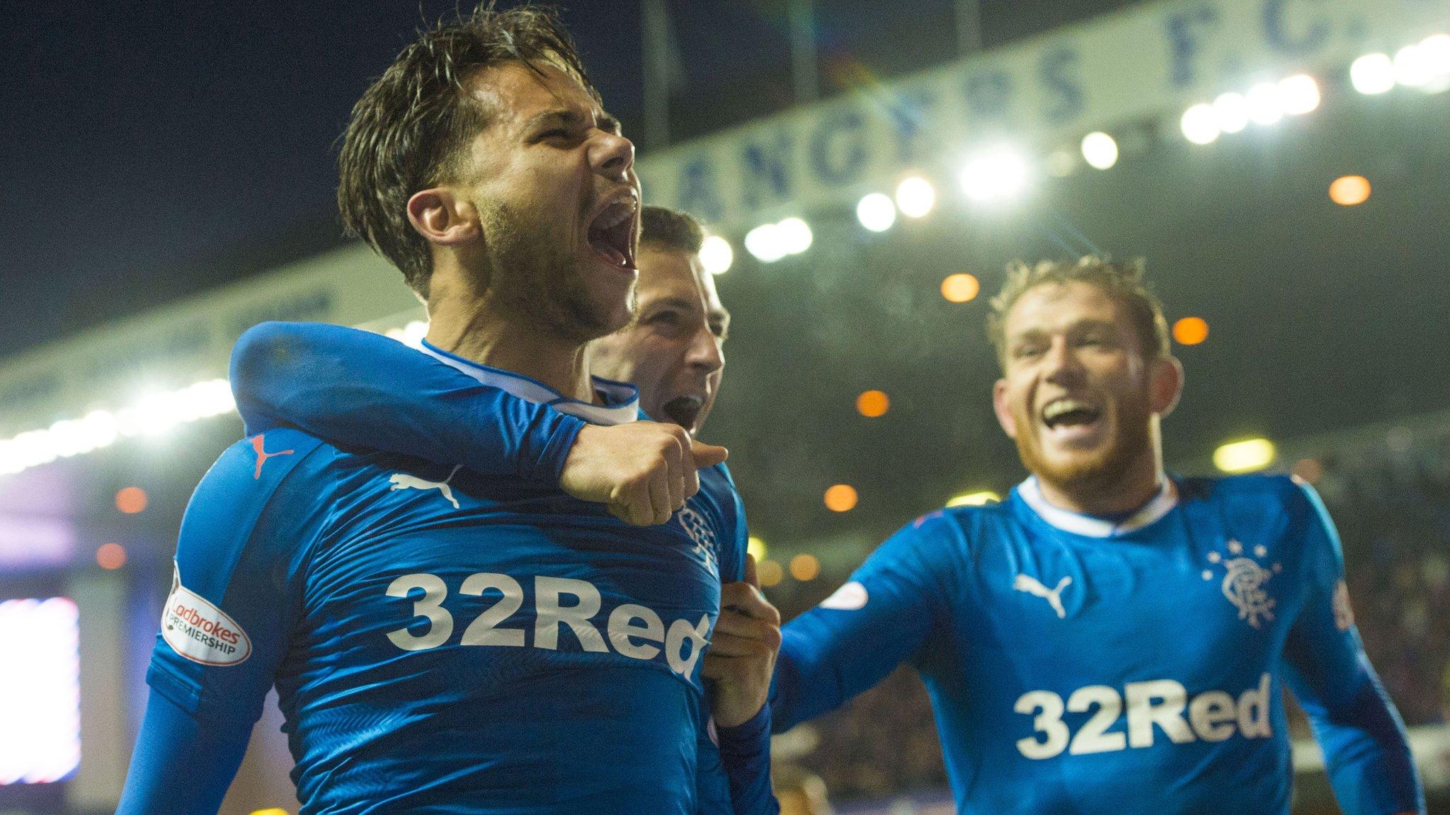 Harry Forrester celebrates his late goal at Ibrox