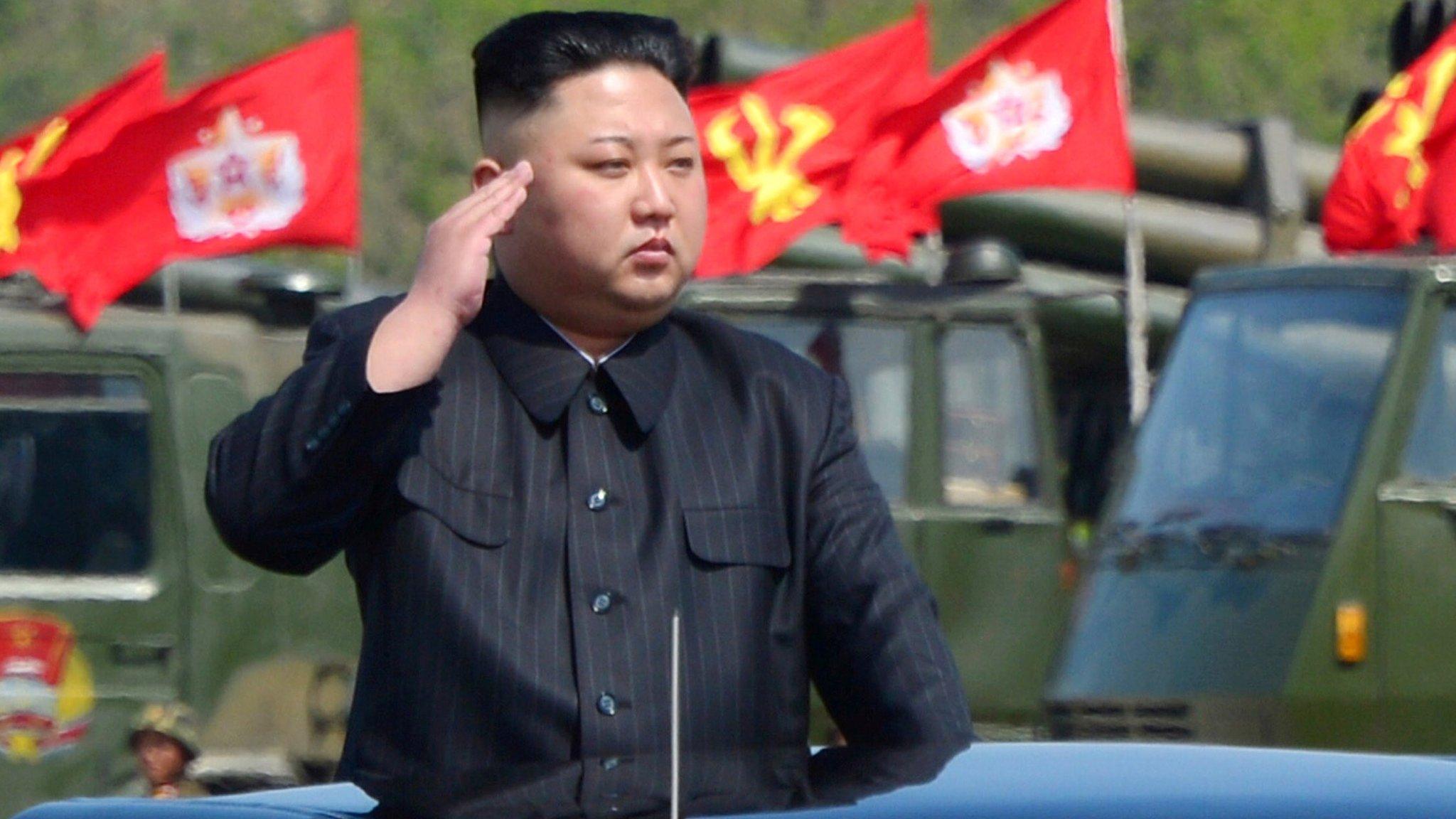 North Korea's leader Kim Jong Un watches a military drill marking the 85th anniversary of the establishment of the Korean People's Army on 28 July