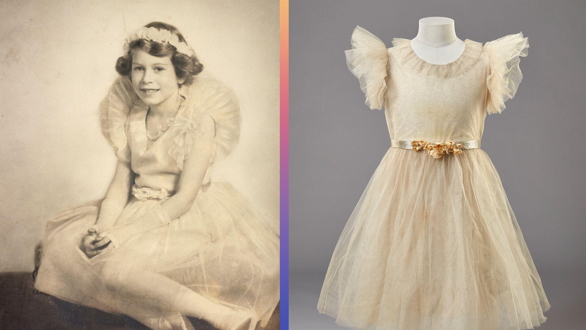composite image shows an archive image of queen elizabeth as a young child wearing a frilly dress and flower crown and another picture of the same dress on a mannequin