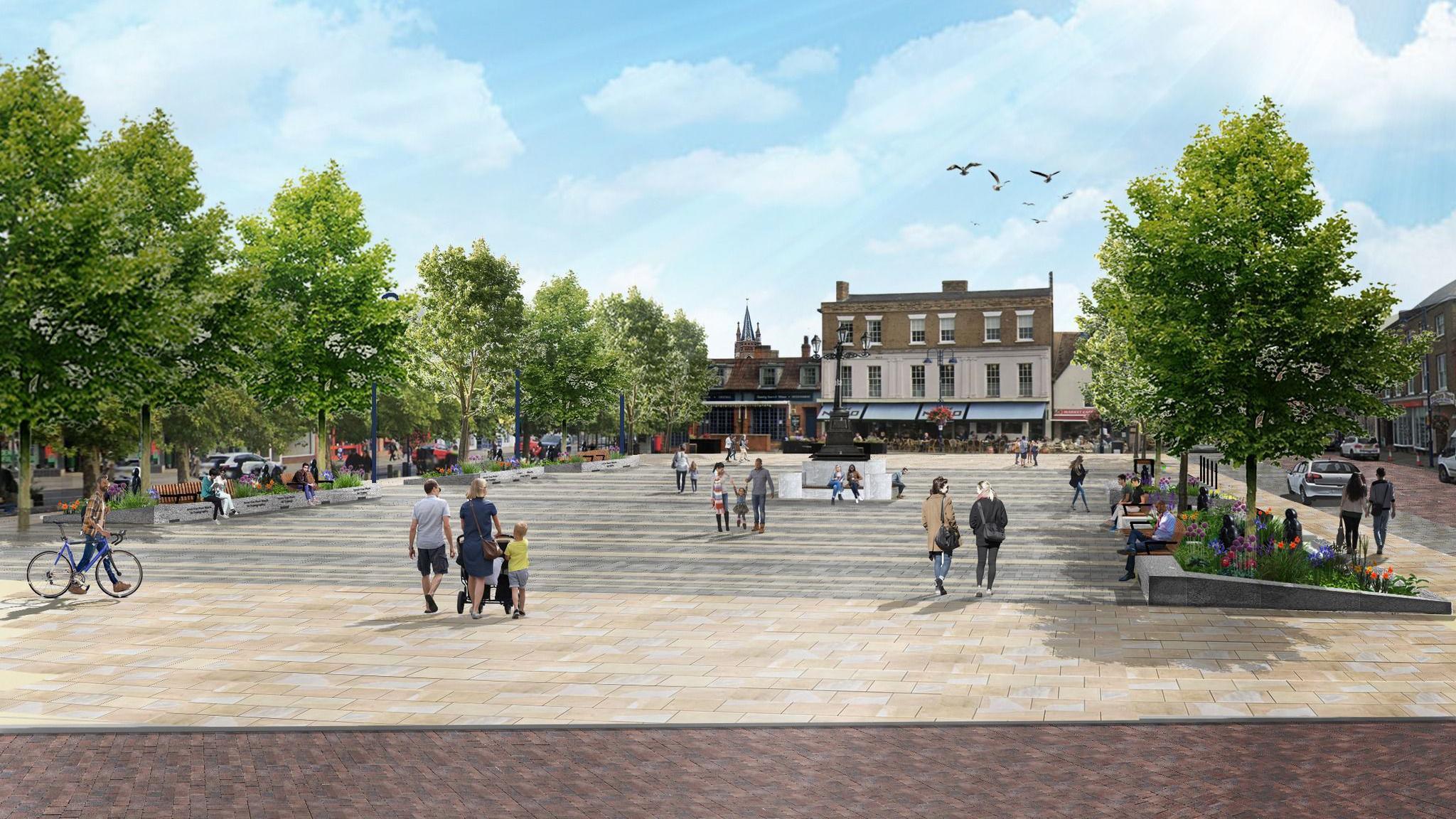 A artists impression of a Market Square, with trees all along the left, a few trees to the right, a large paved area, with shops in the distance. There are people walking in the square and floral areas all around. The sky is blue and the floor is paved, in brown and cream.