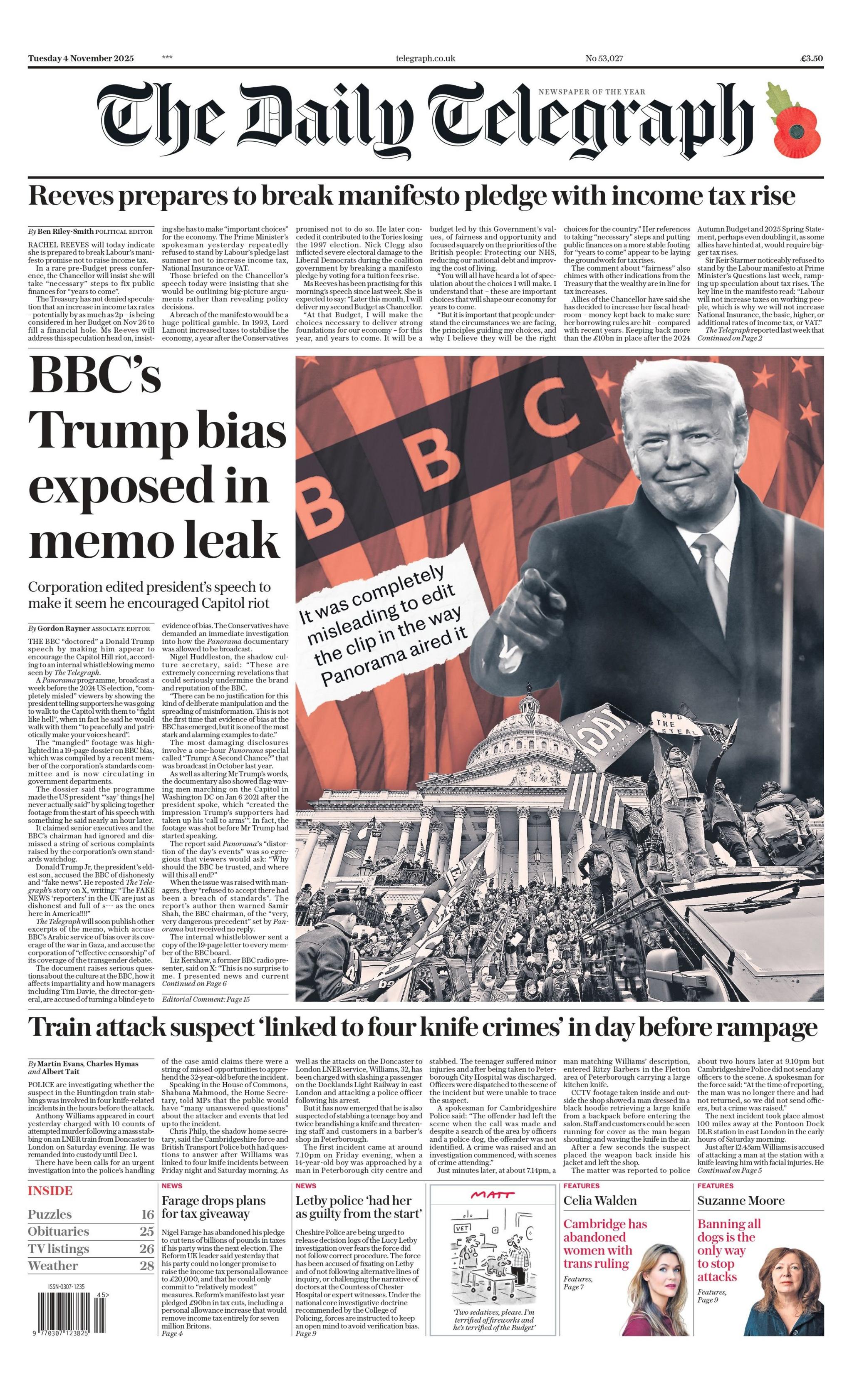 "BBC's Trump bias exposed in memo leak," reads the headline on the front page of the Daily Telegraph