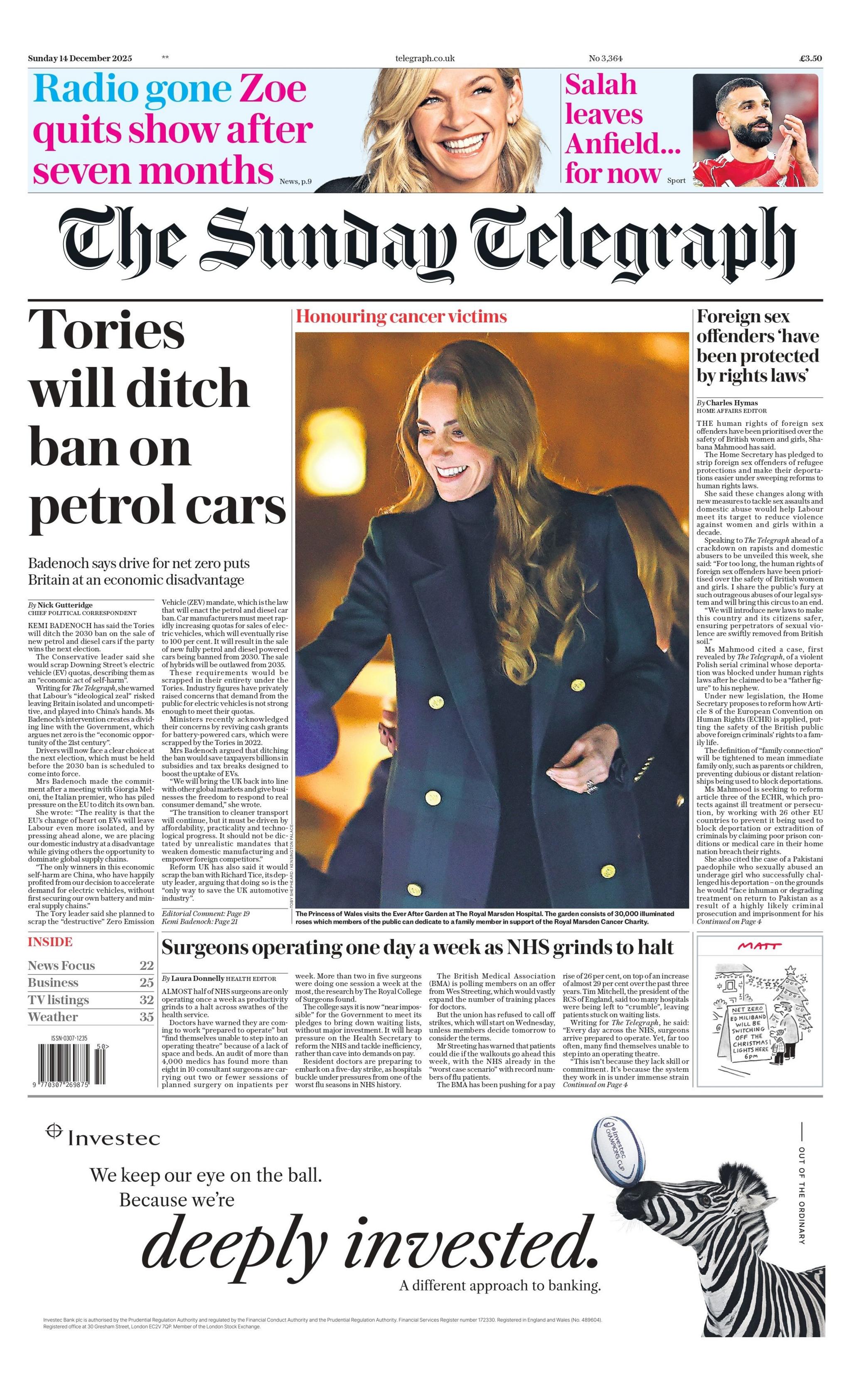 "Konservatorët do të heqin ndalimin e makinave me benzinë", shkruhet në titullin kryesor në faqen e parë të gazetës Sunday Telegraph.