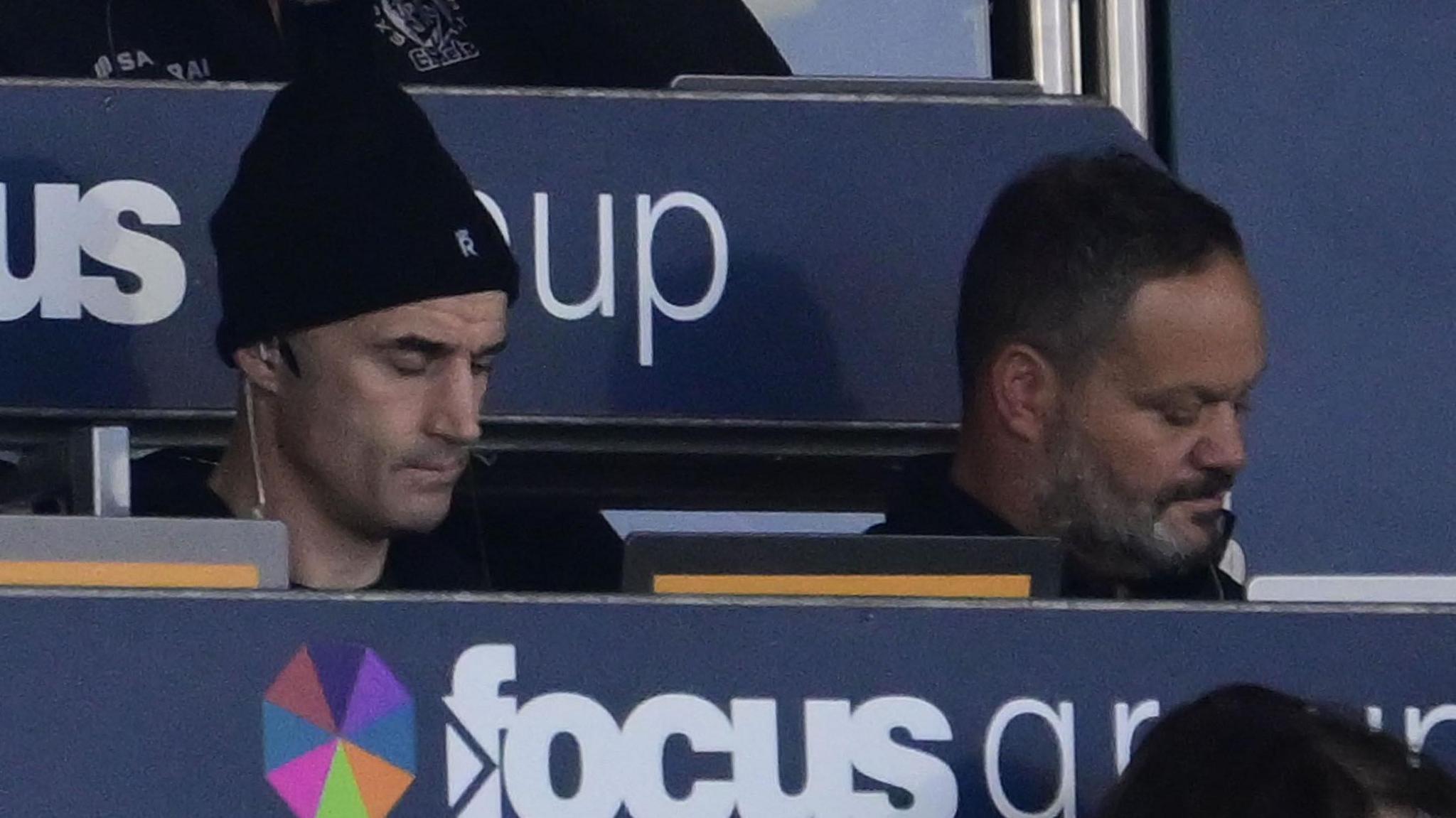 Haydn Thomas (left) sits next to former Exeter defence coach Omar Mouneimne 