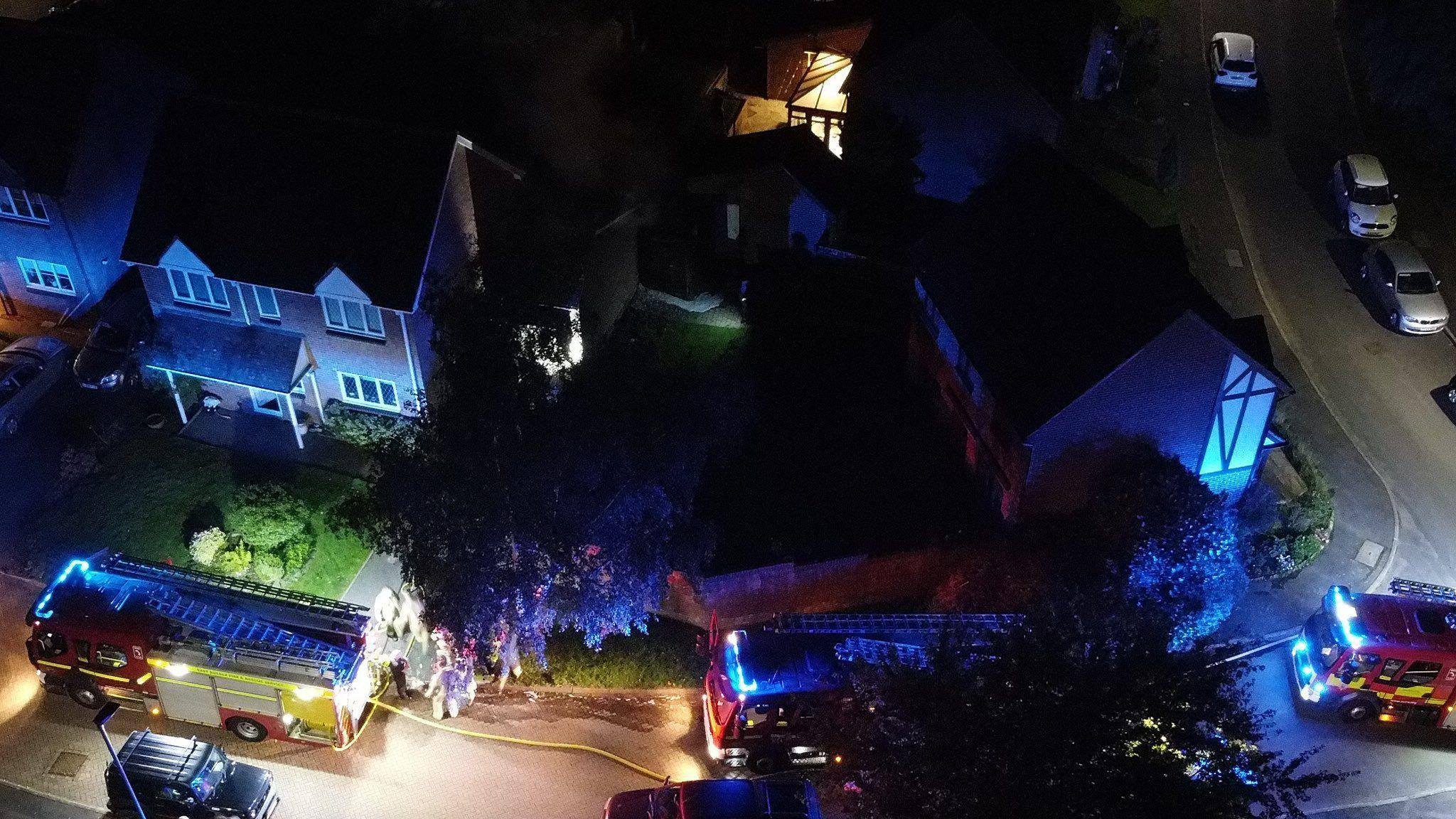 Three fire engines at the scene of the blaze in Hailsham, taken from above