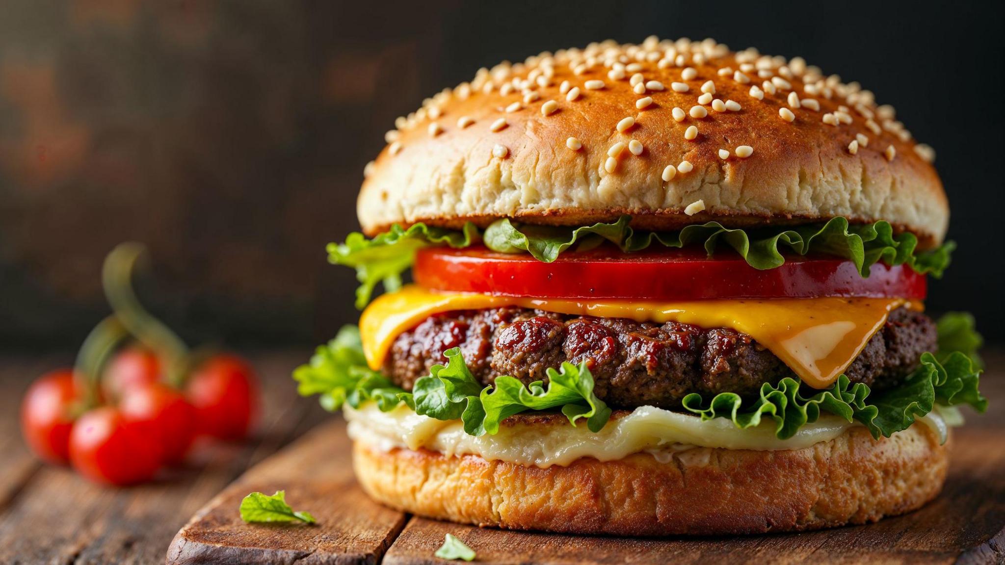 A beef burger in a sesame seed bun, with lettuce, cheese and a slice of tomato. 