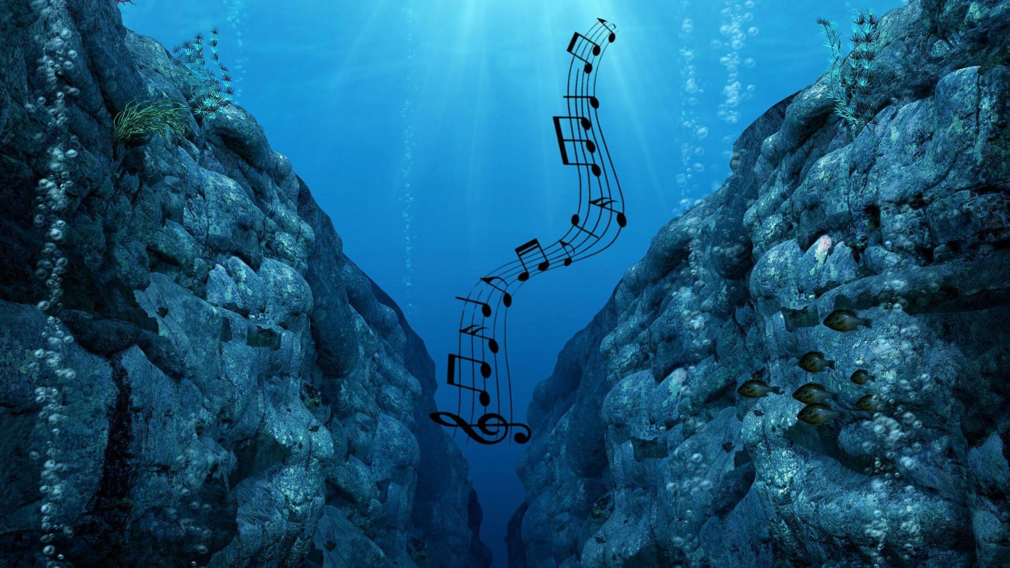 An illustration of an underwater trench with musical notes emerging