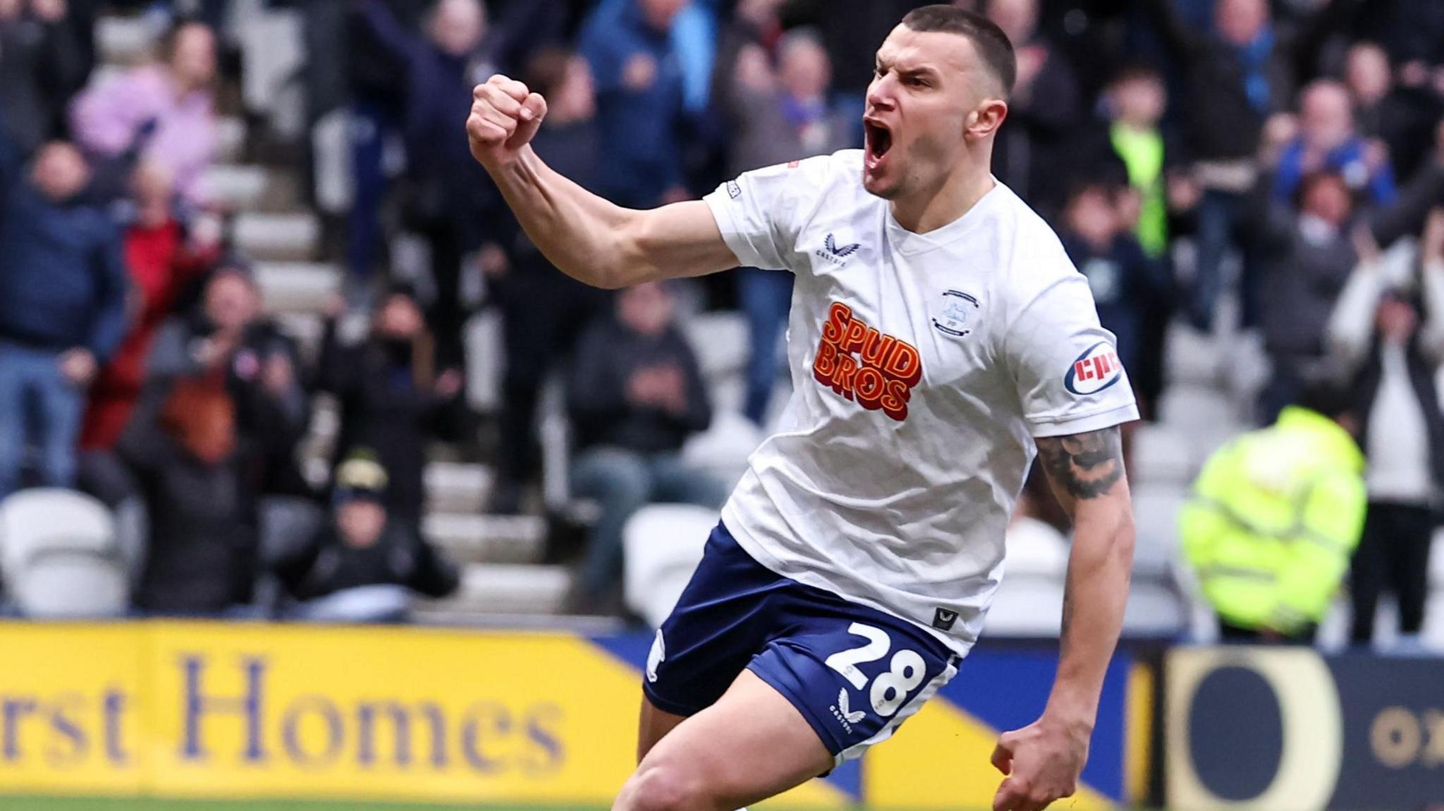Milutin Osmajic celebrates scoring for Preston in his first game back after his three-match ban