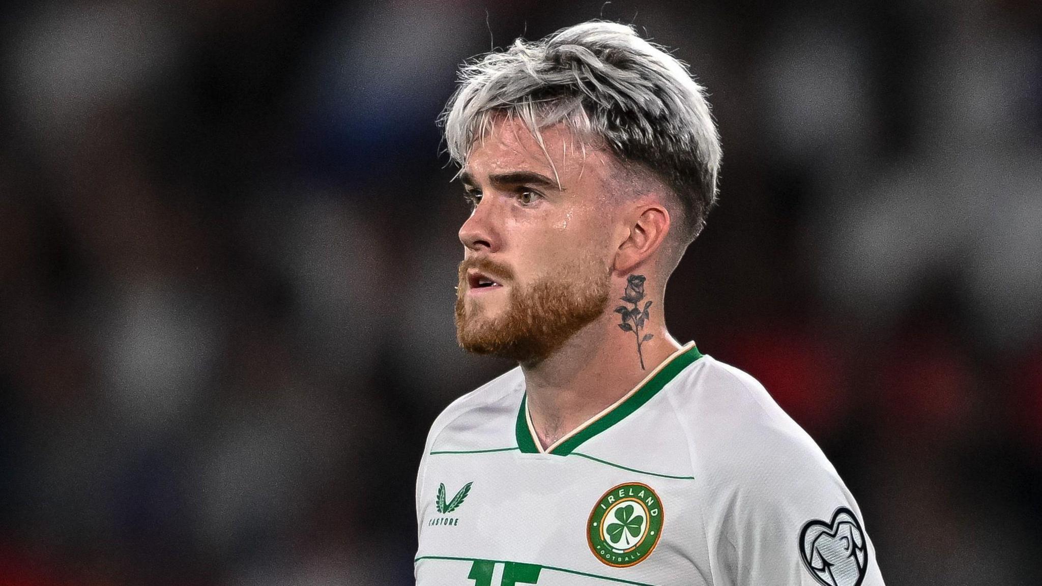 Aaron Connolly playing for Republic of Ireland against France in 2023