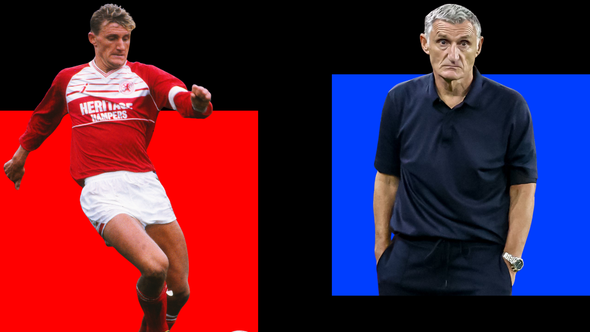 Tony Mowbray in his playing days with Middlesbrough in a red kit alongside a photo of him managing Blackburn Rovers in a dark blue shirt and trousers