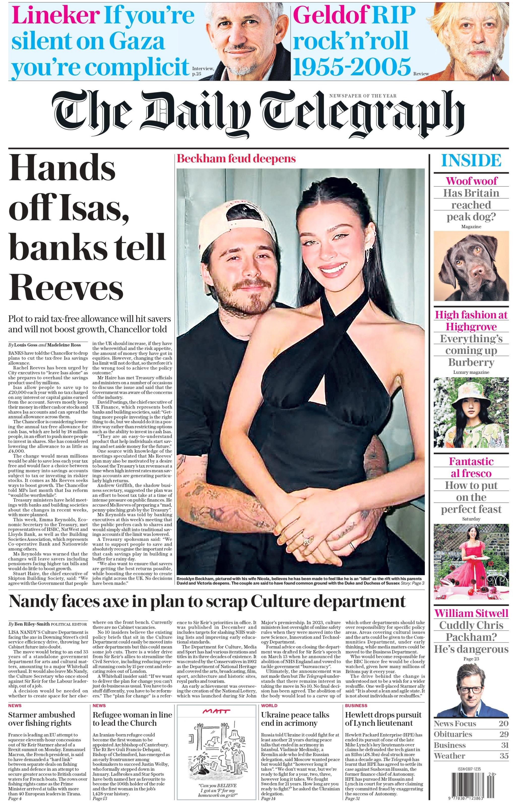 The front the Telegraph says "Hands off Isas, banks tell Reeves".
