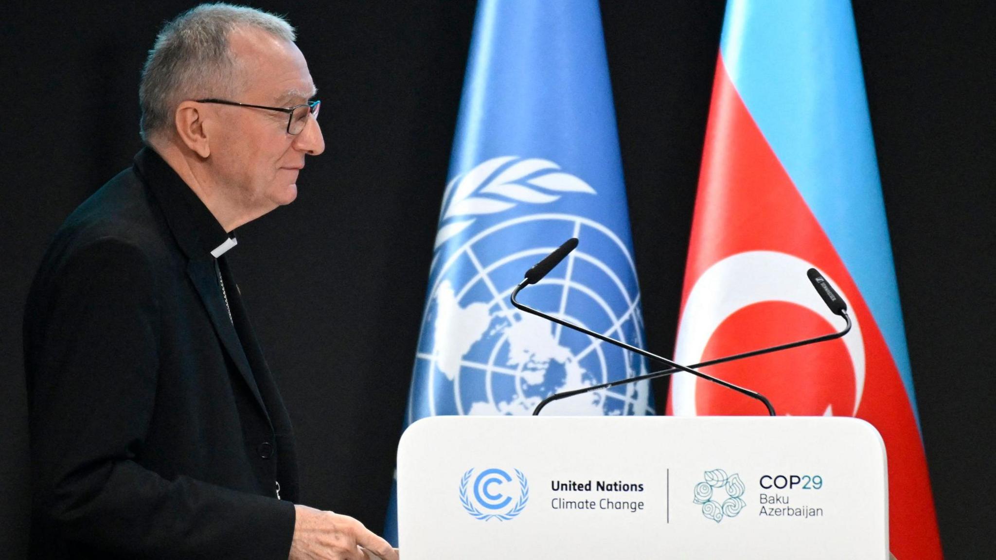 Vatican's Secretary of State Pietro Parolin gives a speech during the United Nations Climate Change Conference (COP29) in Baku