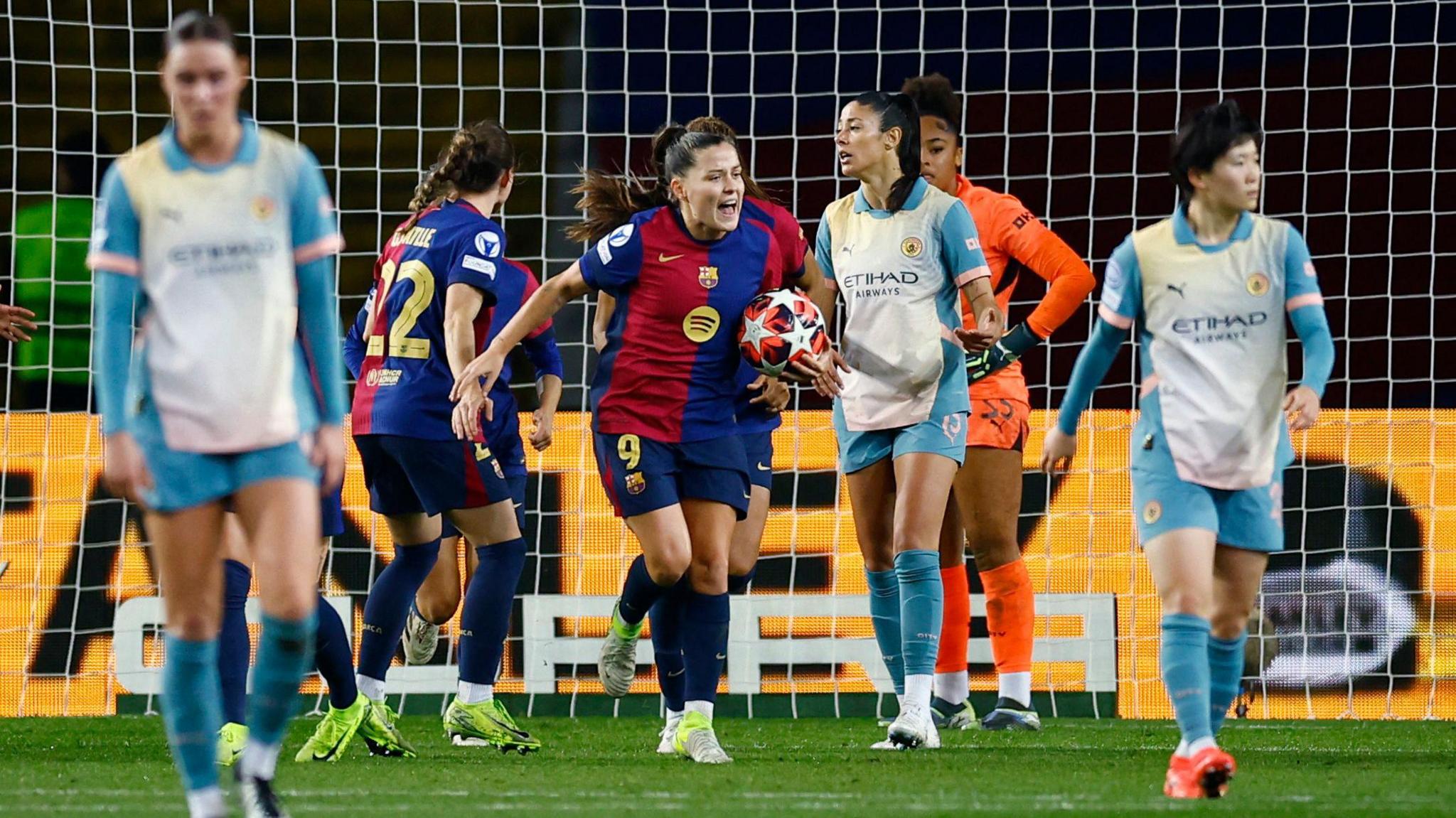 Claudia Pina encourages her team after scoring for Barcelona against Manchester City