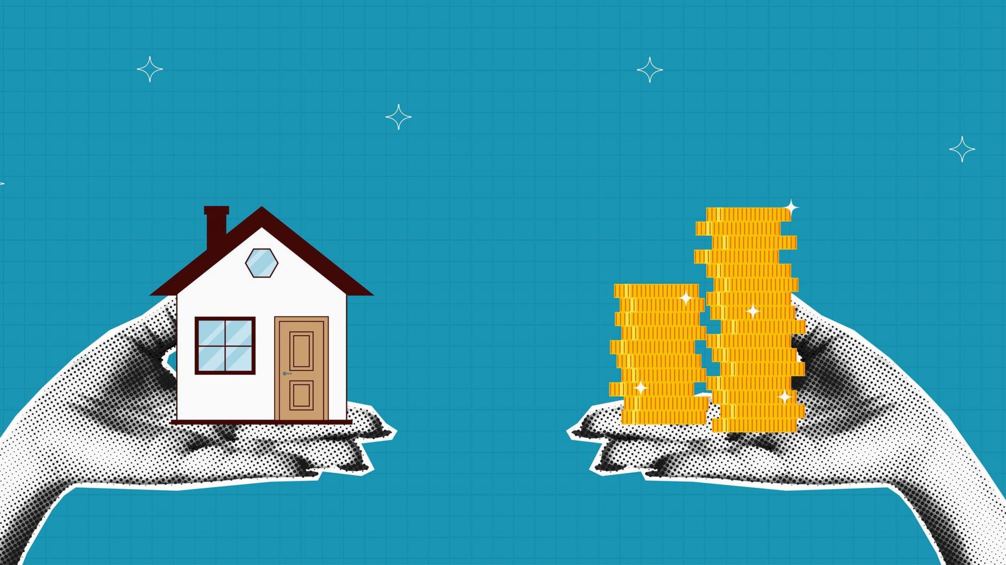 A cartoon house is being held in the palm of a cartoon hand, whilst a pile of gold twinkly coins is held in the other. They are in front of a blue background.