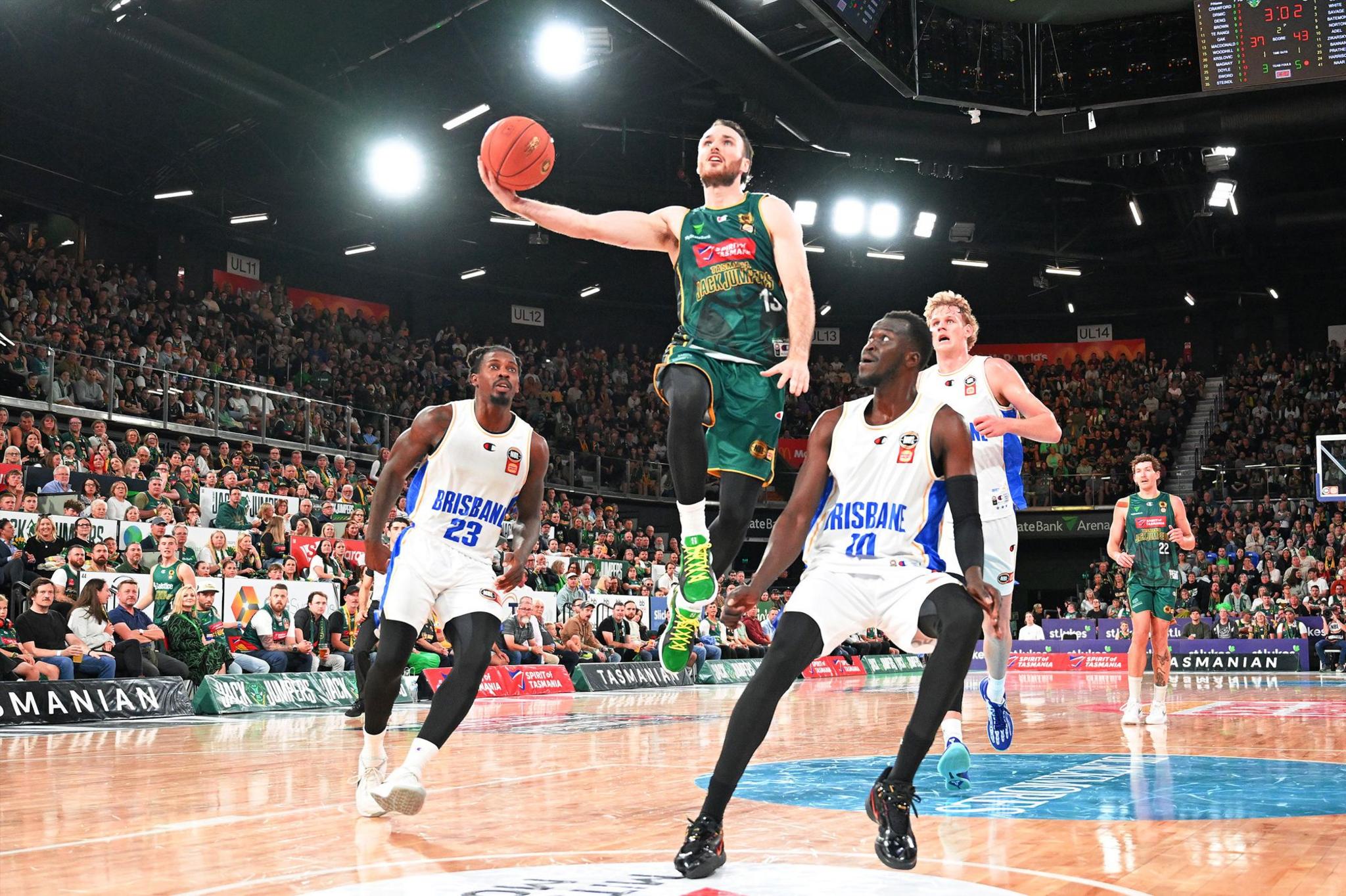 Sean Macdonald of the Jackjumpers drives to the basket during the round nine NBL match between Tasmania Jackjumpers and Brisbane Bullets at MyState Bank Arena, on 15 November 2024, in Hobart, Australia.