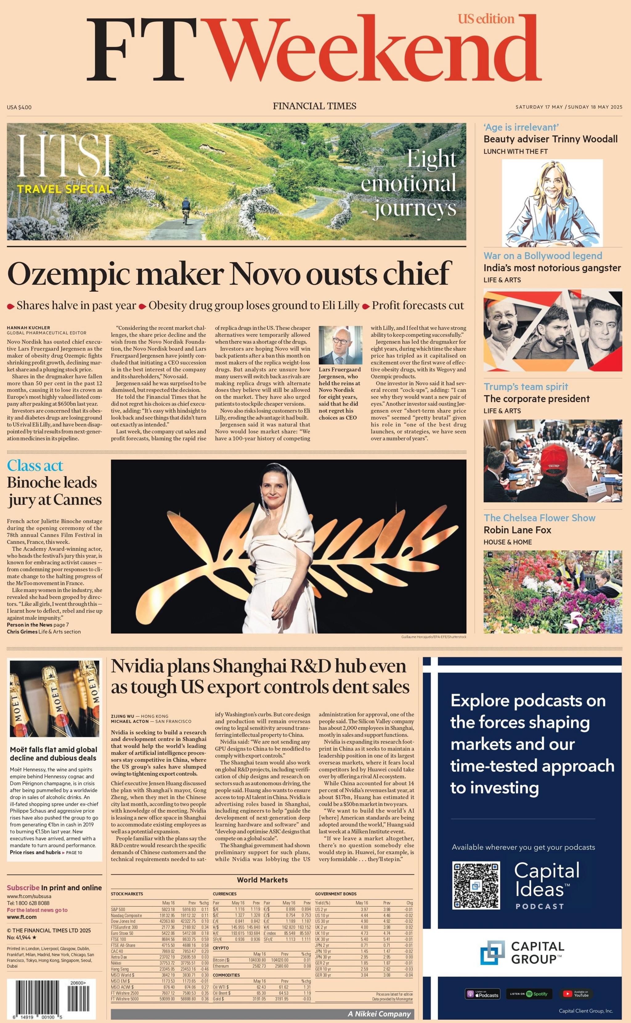 The front page of the Financial Times is headlined with "Ozempic maker Novo ousts chief".
