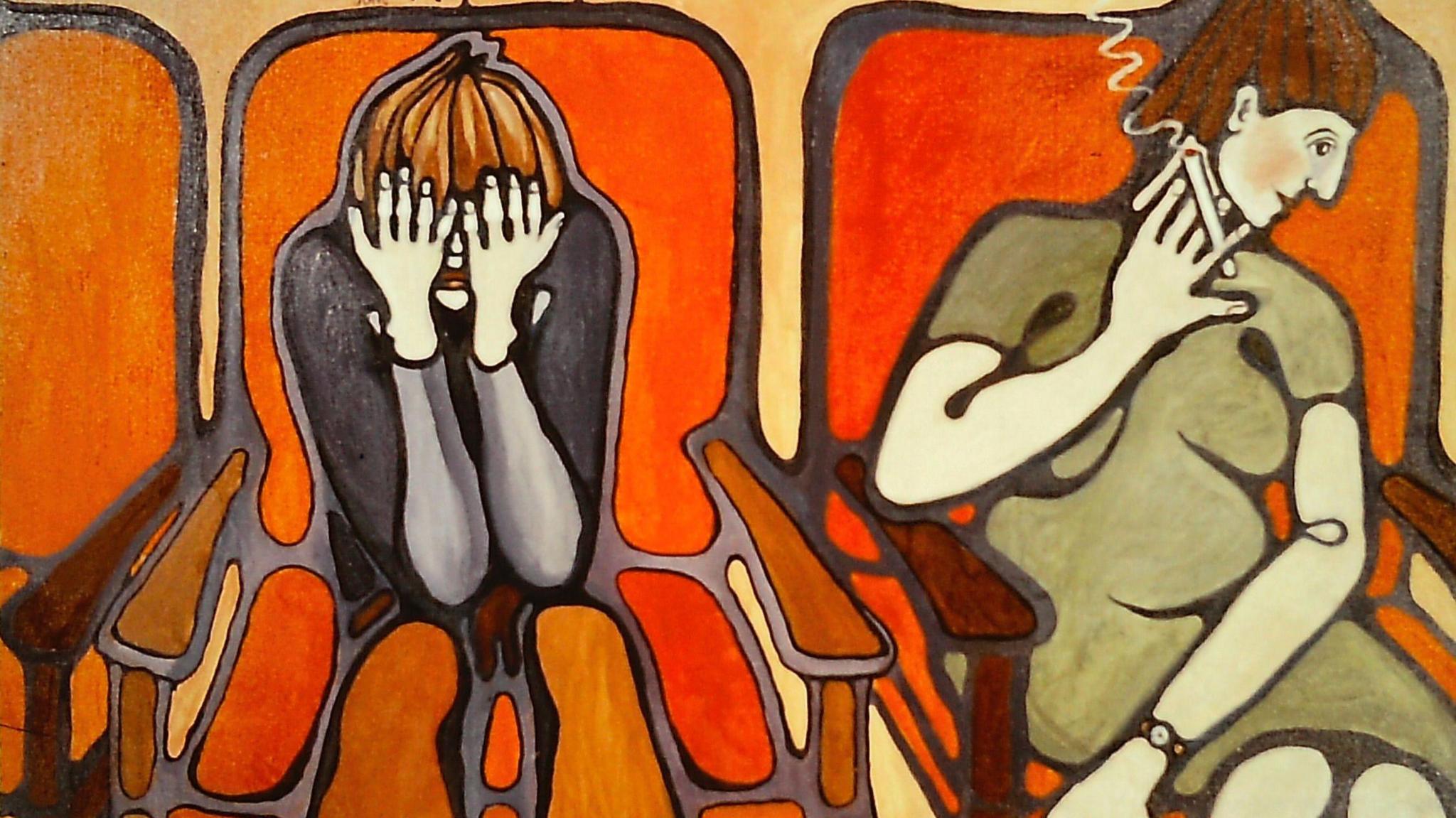 Orange oil painting with two women, one with her head in her hands and another looking away