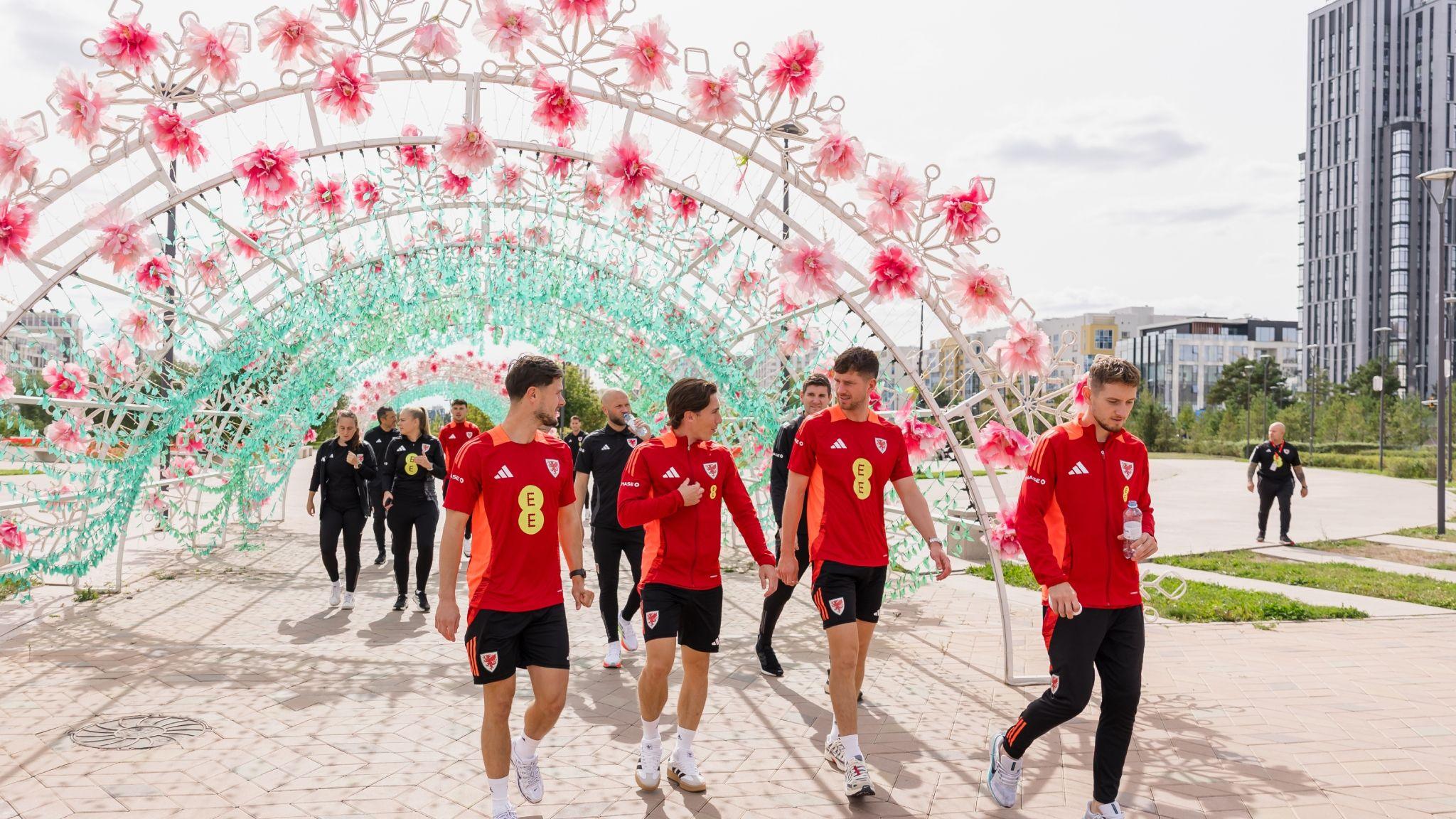 Wales' Liam Cullen, Wales' Harry Wilson, Wales' Chris Mepham and Wales' David Brooks during a team walk in Astana prior to World Cup qualifier against Kazakhstan