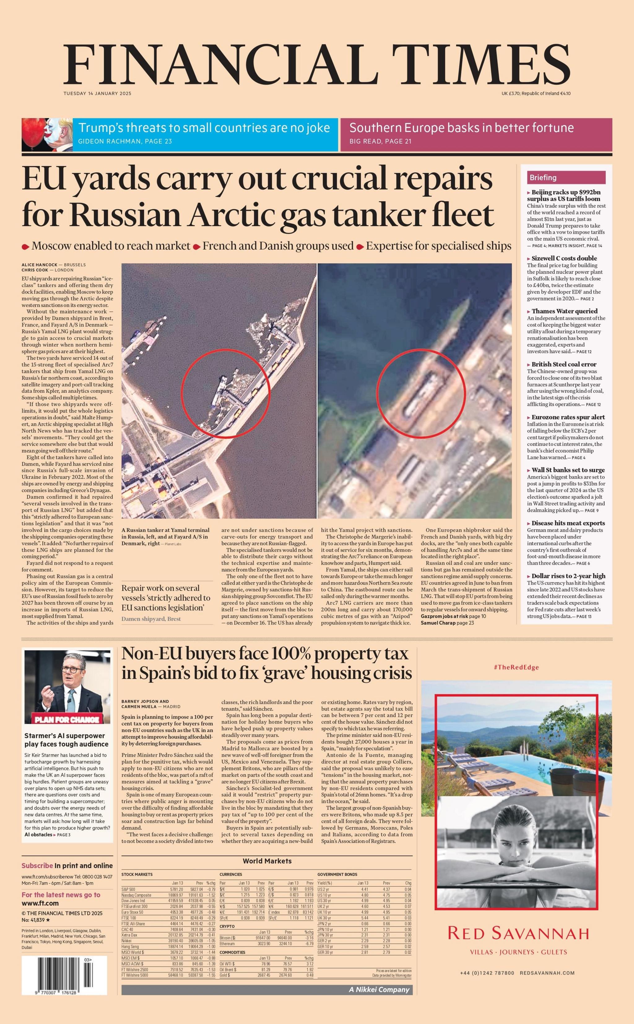 The headline on the front page of the Financial Teams reads: "EU yards carry out crucial repairs for Russian Arctic gas tanker fleet"