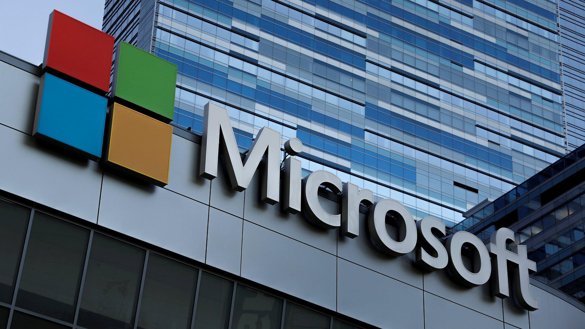 The Microsoft sign is shown on top of the Microsoft Theatre in Los Angeles, California, U.S. October 19,2018