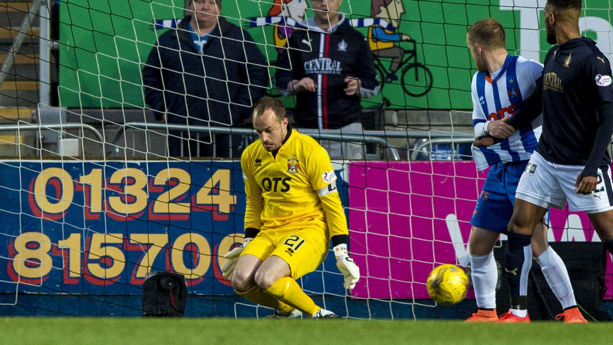 Kilmarnock goalkeeper Jamie MacDonald fails to save the effort of Will Vaulks