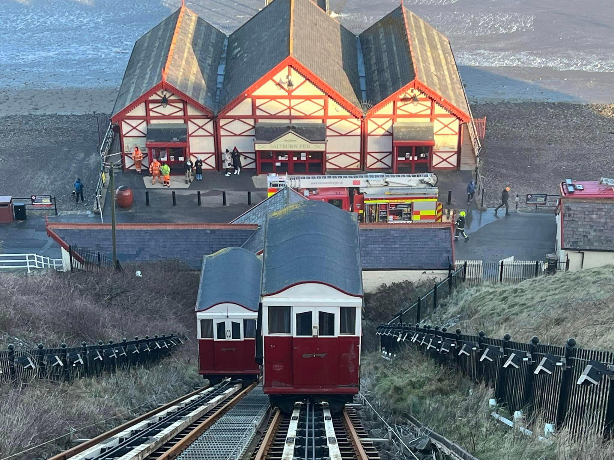 A fire engine at the base of Saltburn cliffs 