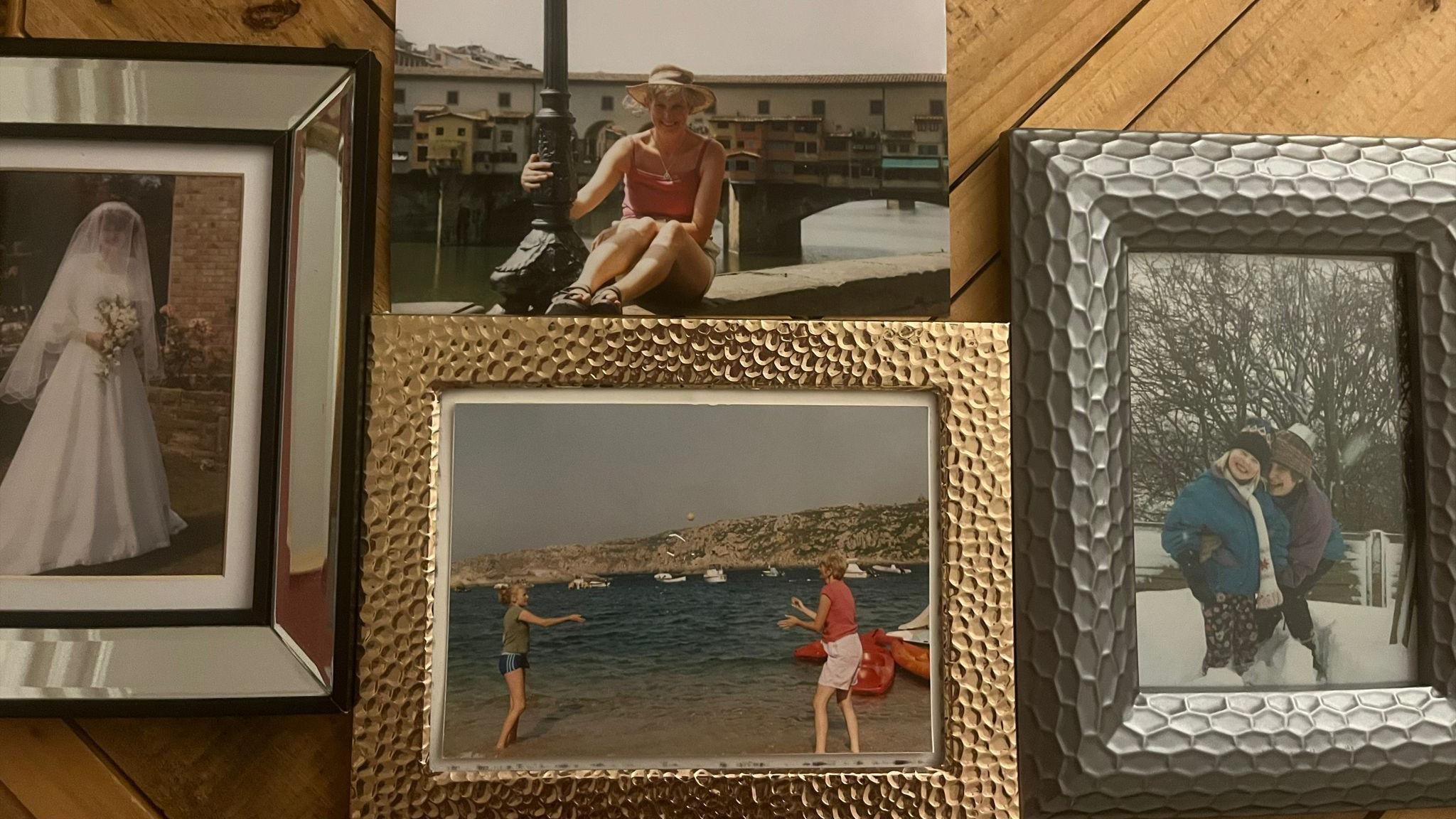 A series of framed photographs of childhood memories: including holiday pictures, snow days and wedding photographs.