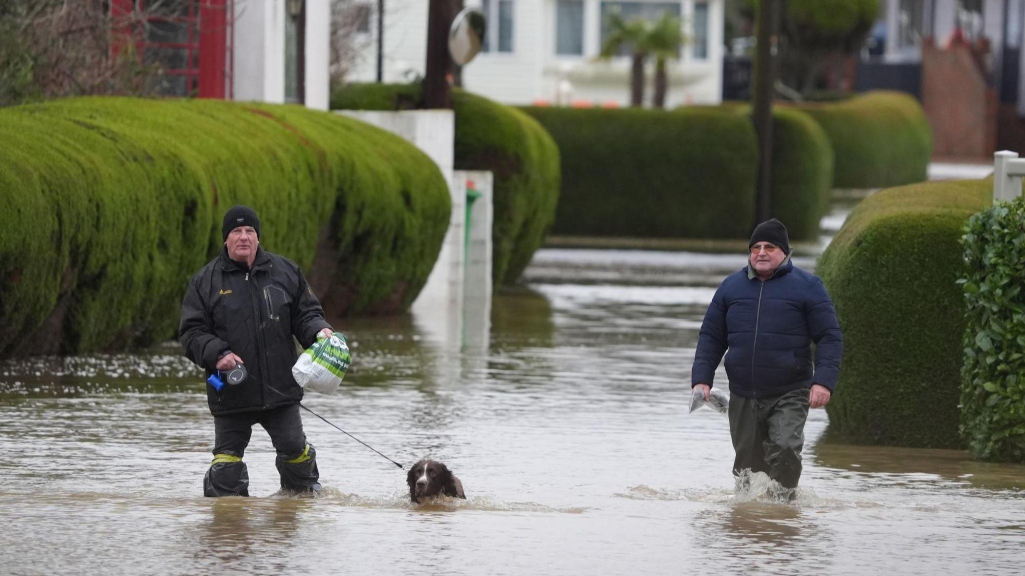 Men walking dog through floodwater