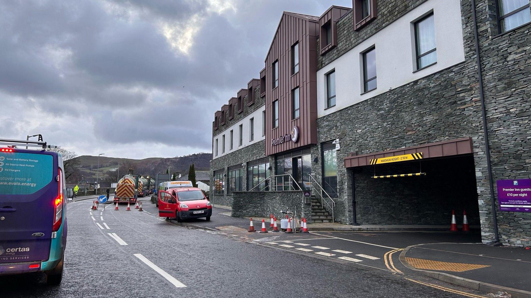 Traffic lights in place outside Keswick's Premier Inn