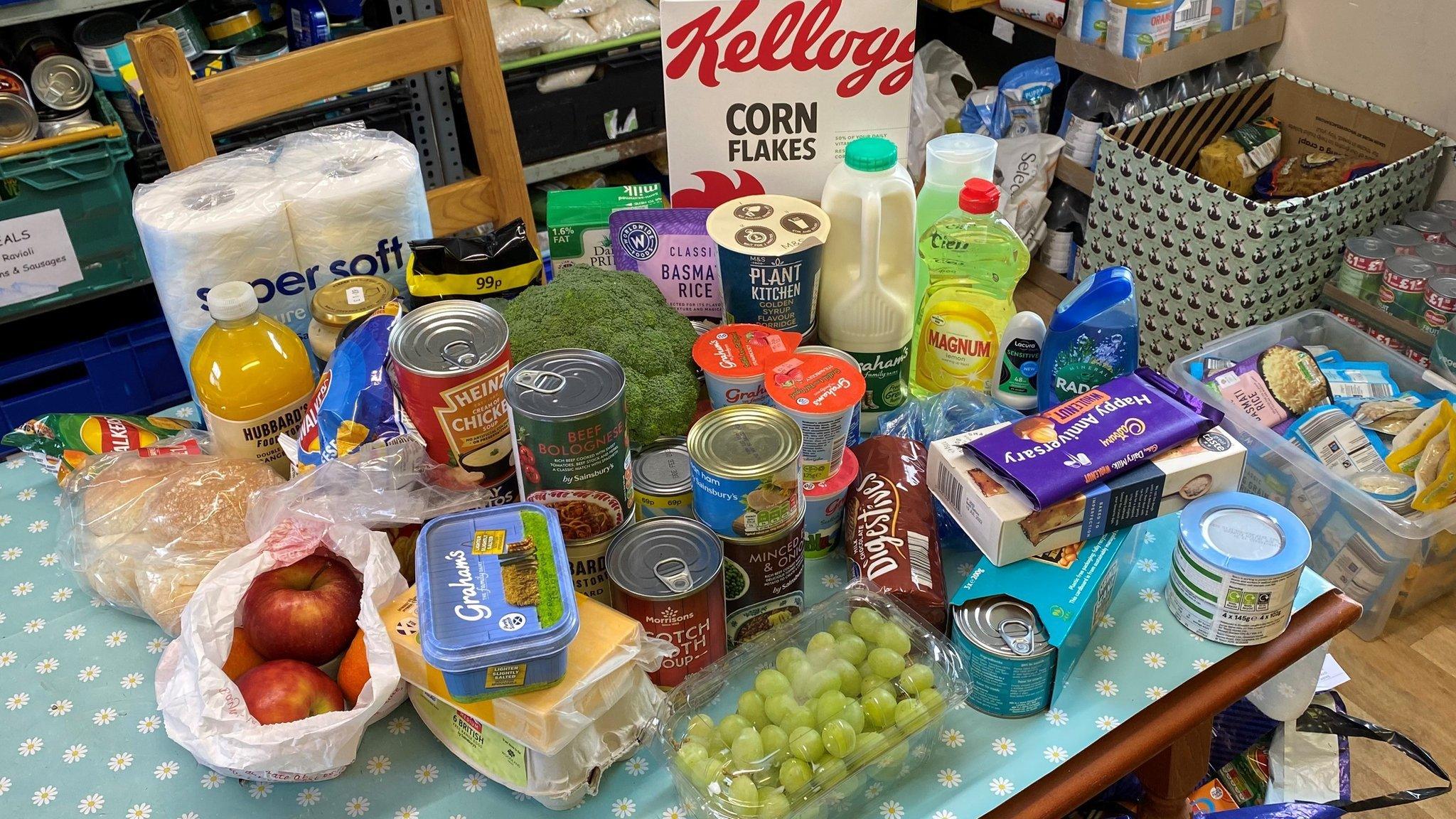 A selection of food donated in one parcel by Kinross food bank Broke Not Broken