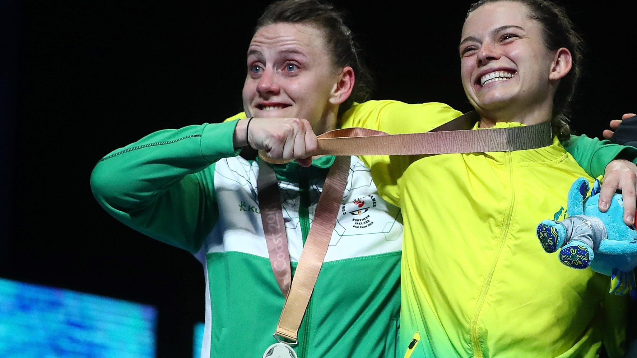 Silver medallist Michaela Walsh of Northern Ireland and gold medallist Skye Nicolson of Australia during the medal ceremony for the women's 57kg boxing final on day 10 of the Gold Coast 2018 Commonwealth Games at Oxenford Studios