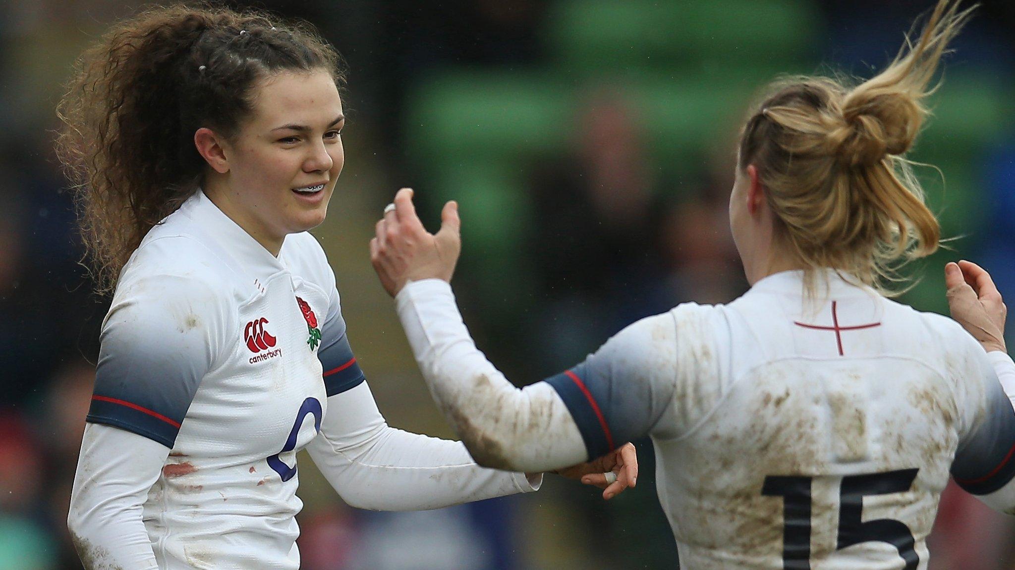 Ellie Kildunne is congratulated on scoring by Danielle Waterman