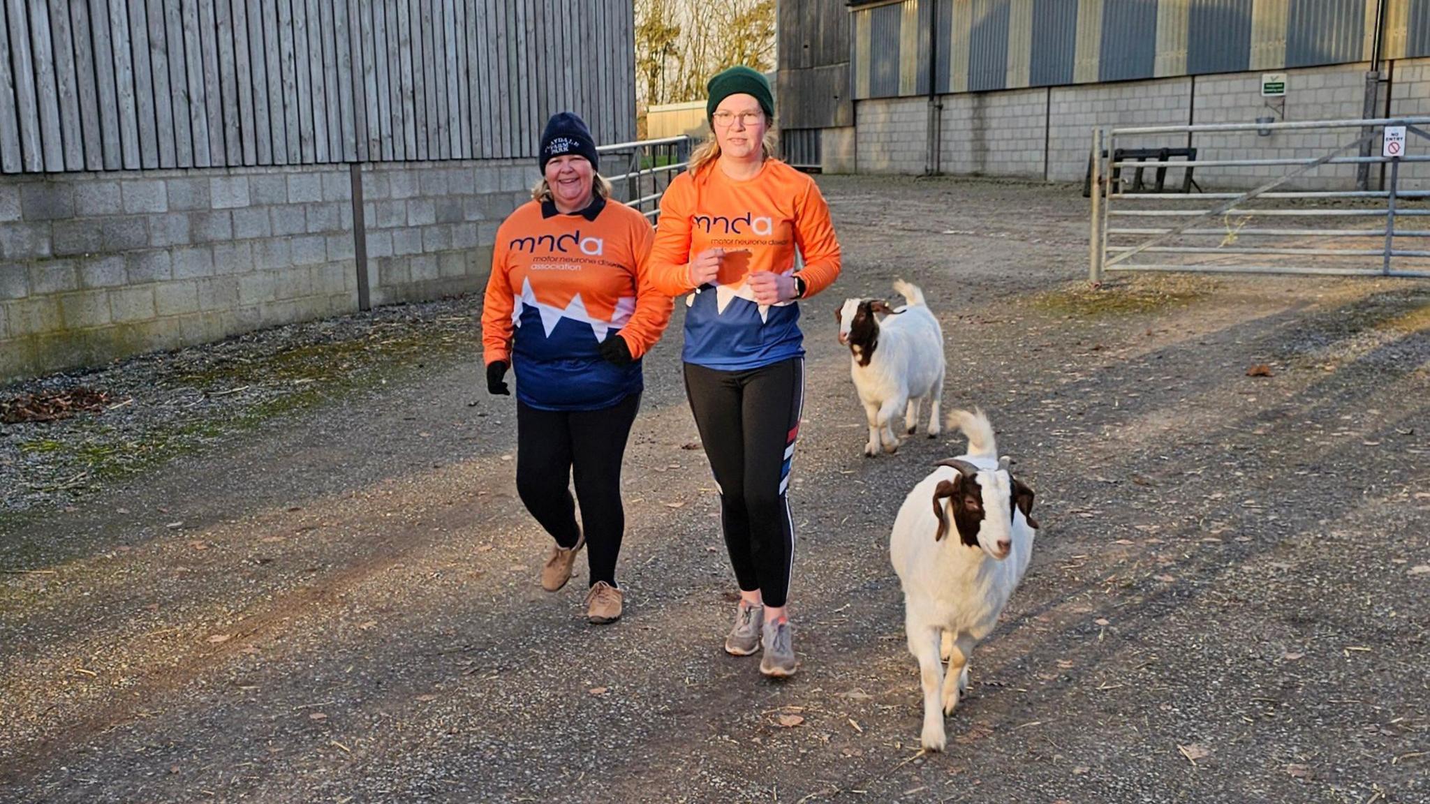 Two women, in orange MND t-shirts, run alongside two goats on a farm.