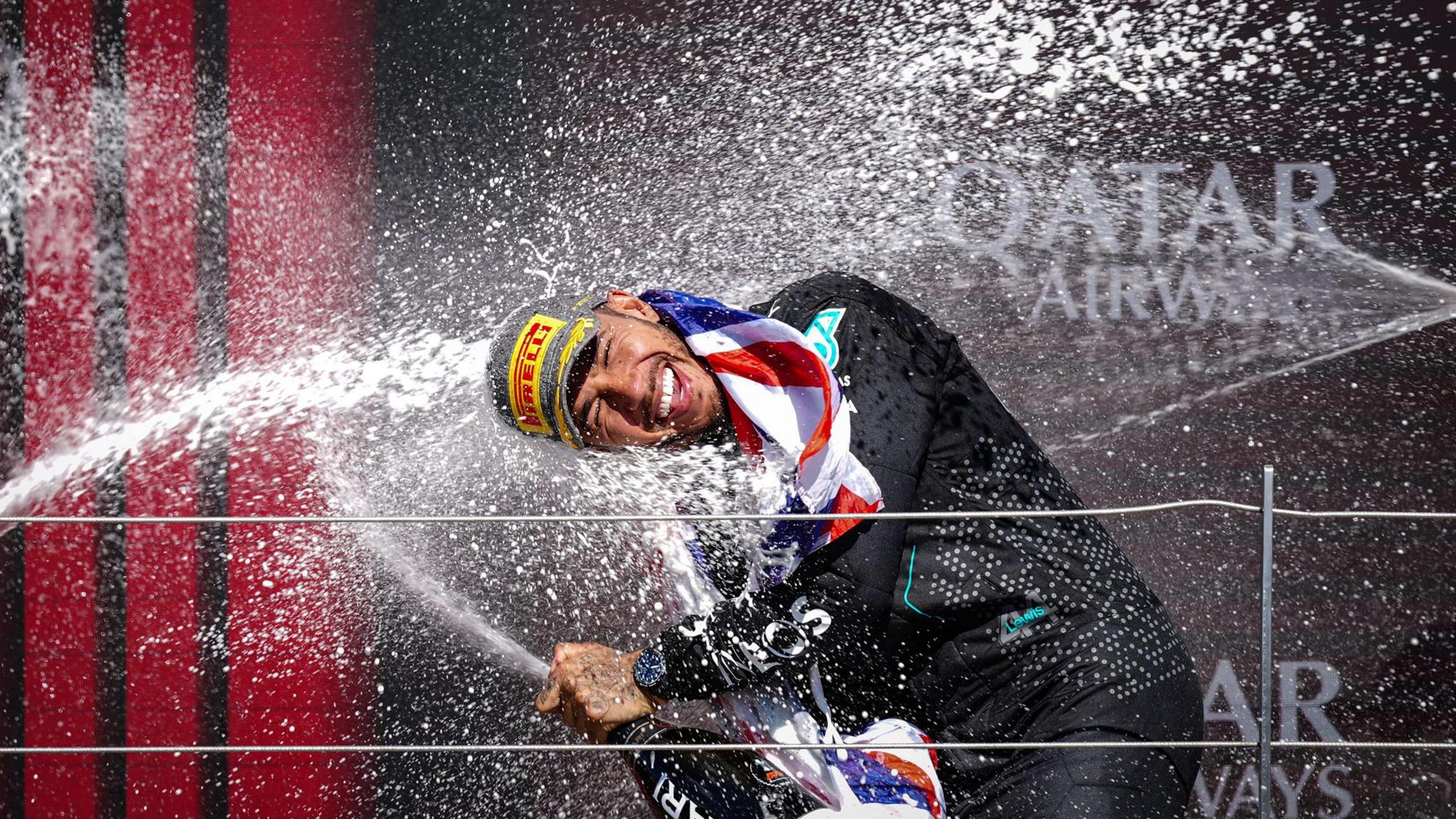 Lewis Hamilton celebrates winning the British Grand Prix at Silverstone. July 2024