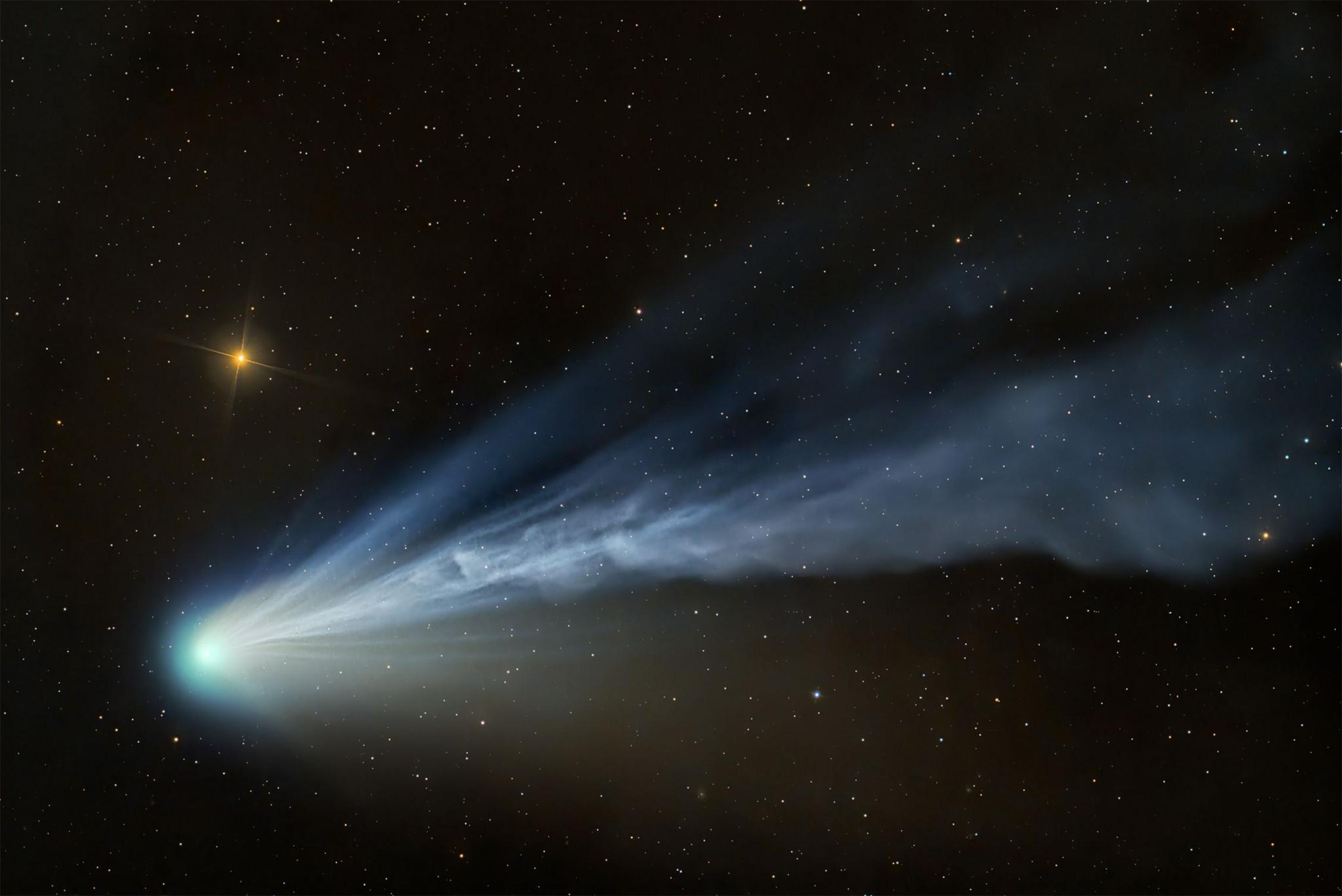 Comet 12P/Pons-Brooks reacts to intensified solar winds, creating a spectacle of tail dynamics and colourful hues expelled by the bright cloud of gas around its centre. The photograph was taken at June Lake, California, US