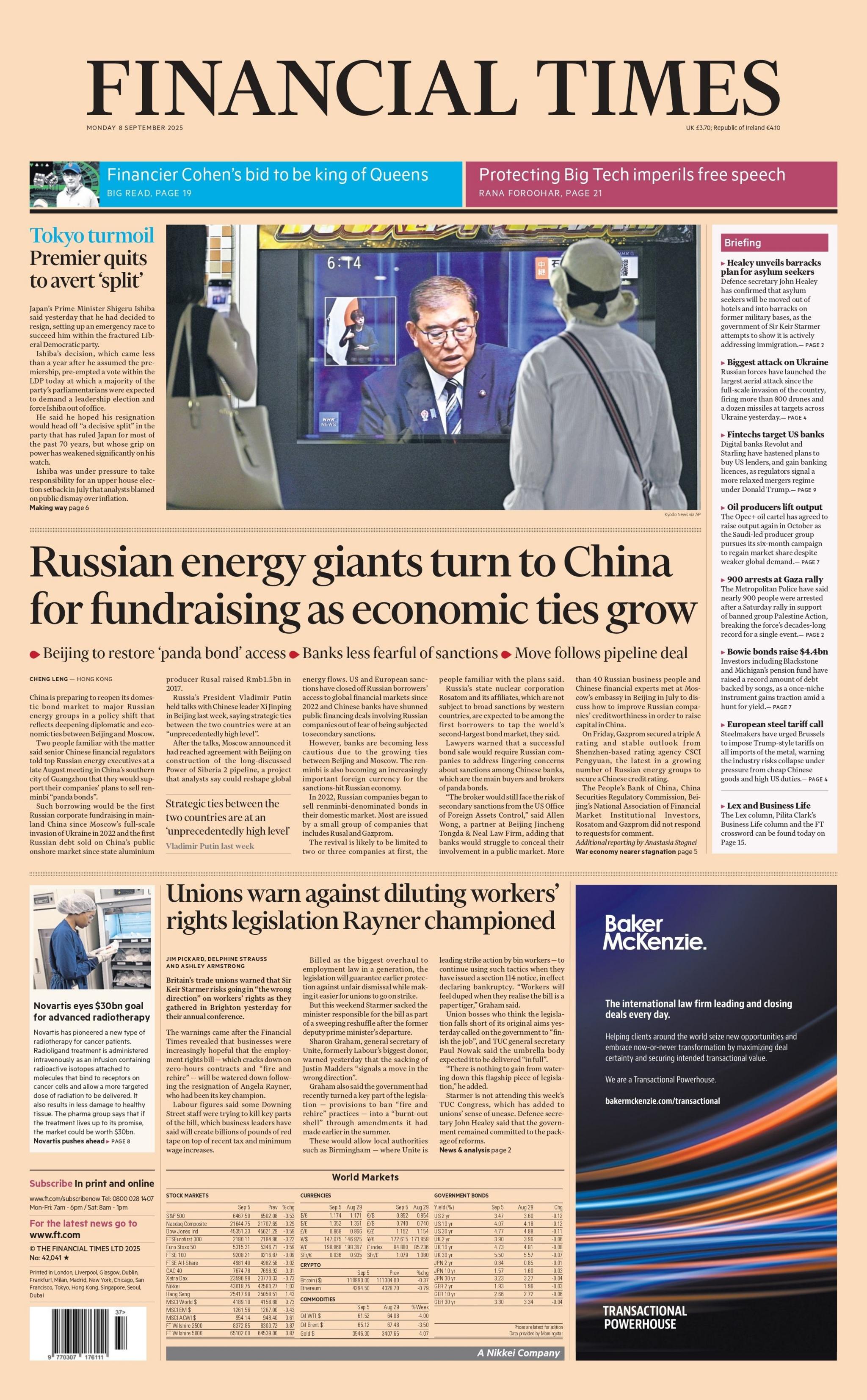 The headline on the front page of the Financial Times reads: "Russian energy giants turn to China for fundraising as economic ties grow".