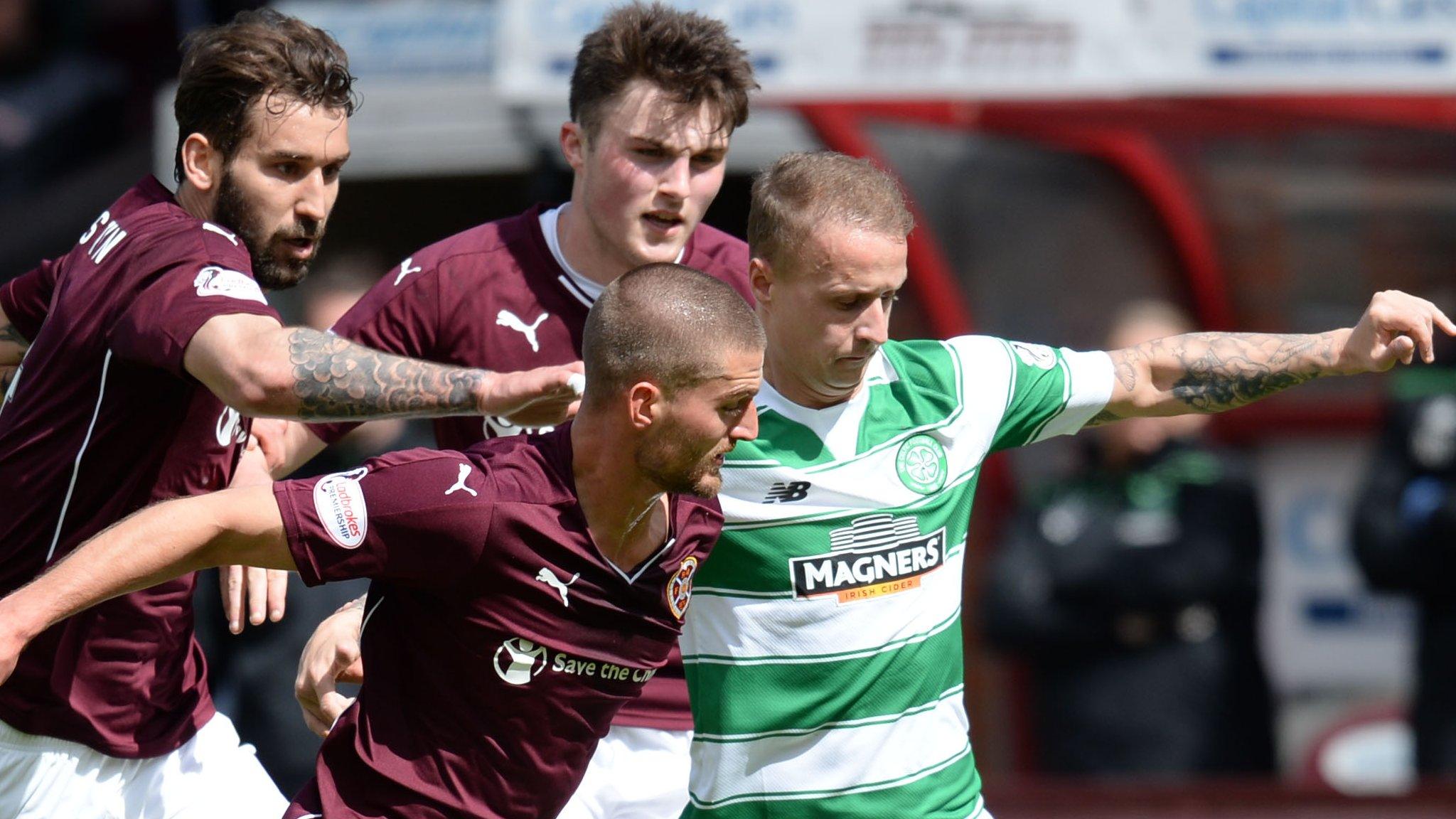 Leigh Griffiths is chased by three Hearts players