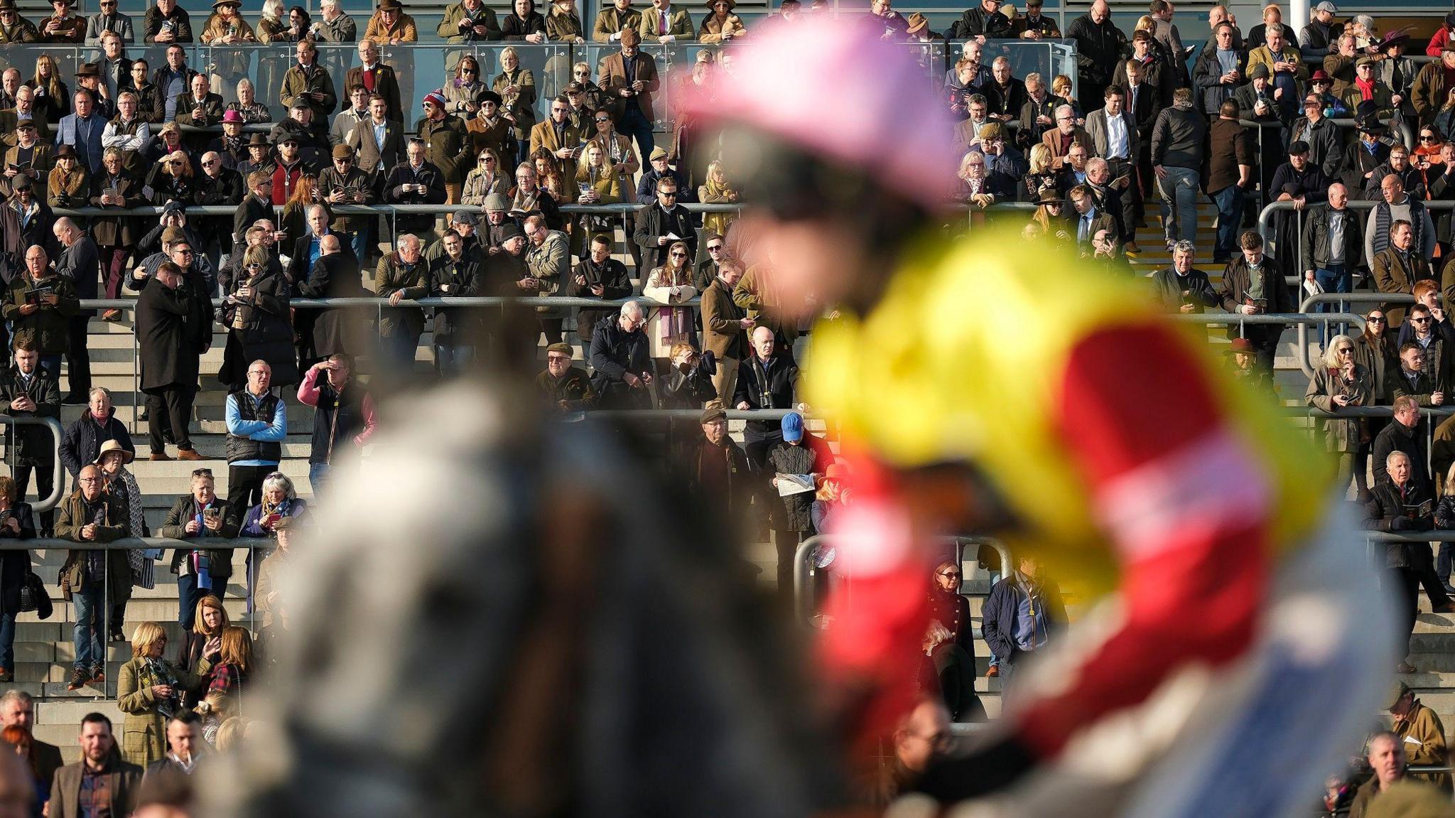 A jockey and horse are pictured blurry in the foreground while behind them a large crowd, in focus, stands on terracing at Cheltenham Racecourse