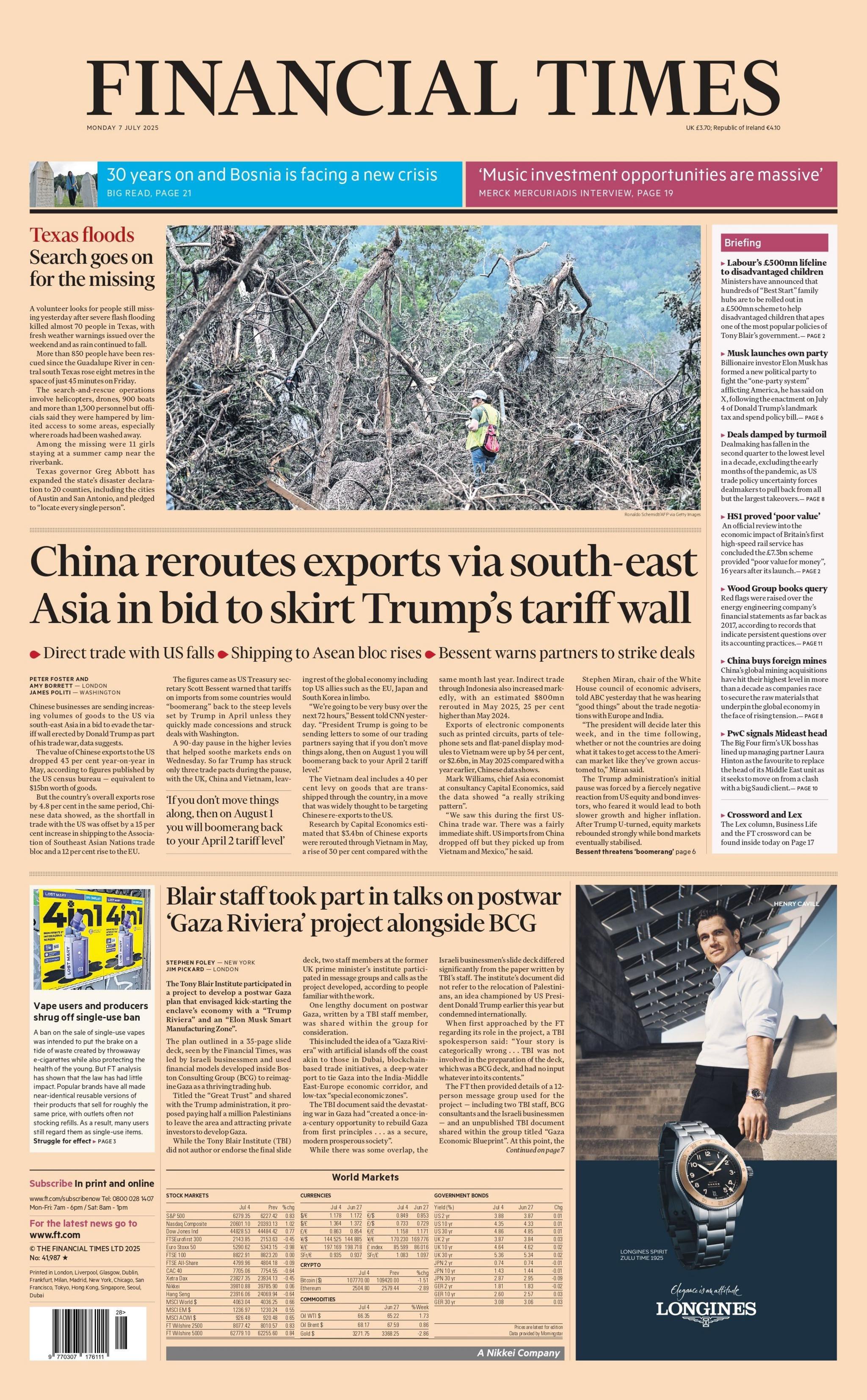 The FT front page with sa story on China rerouting exports via South-East Asia as it seeks to avoid Trump's tariffs.
