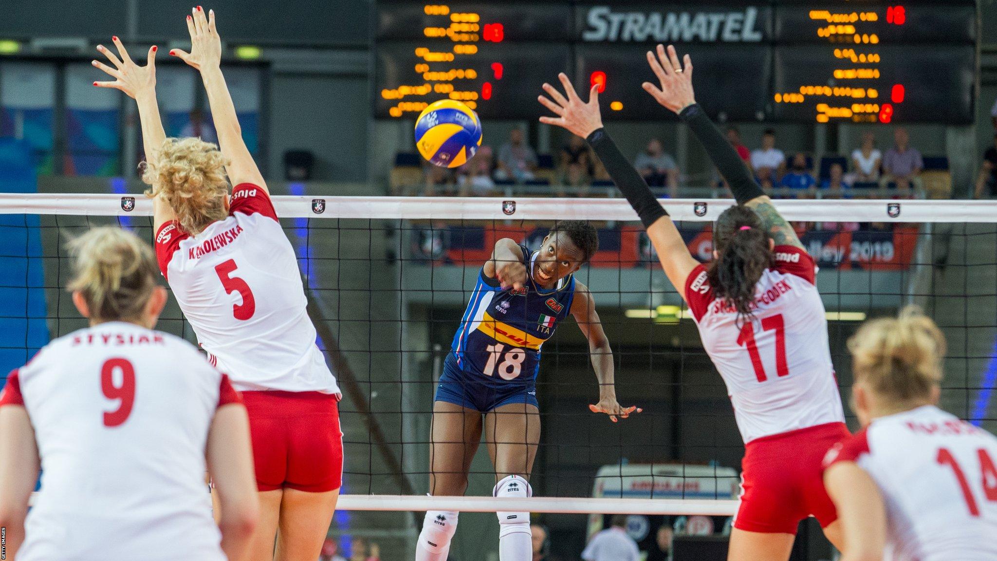 Paola Ogechi Egonu (ITA) during CEV Volleyball European Championship Women match between Poland and Italy on 29 August 2019 in Lodz, Poland. (Photo by Foto Olimpik/NurPhoto via Getty Images)