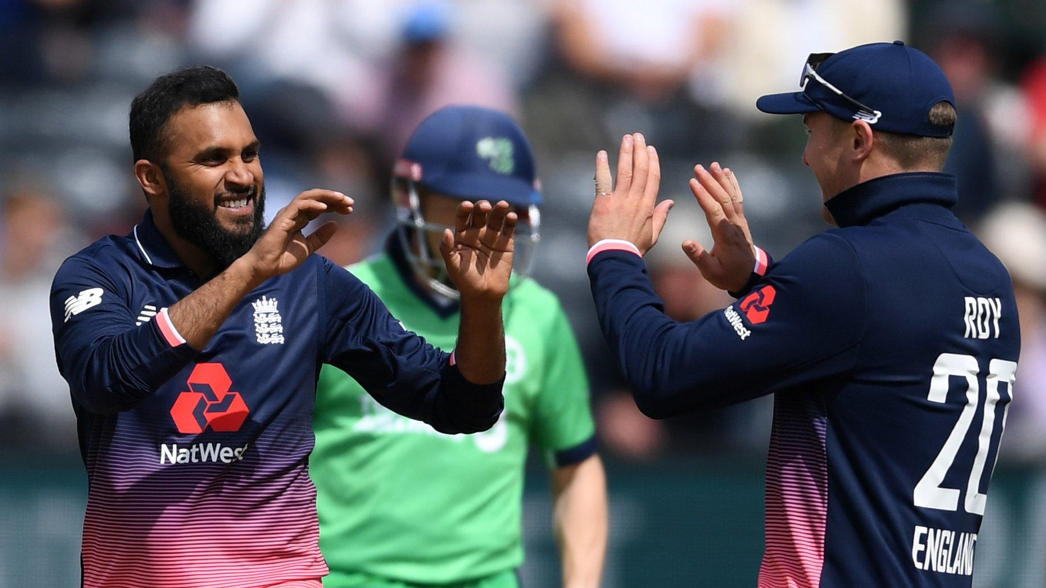 Adil Rashid (left) and Jason Roy (right) celebrate an Ireland wicket