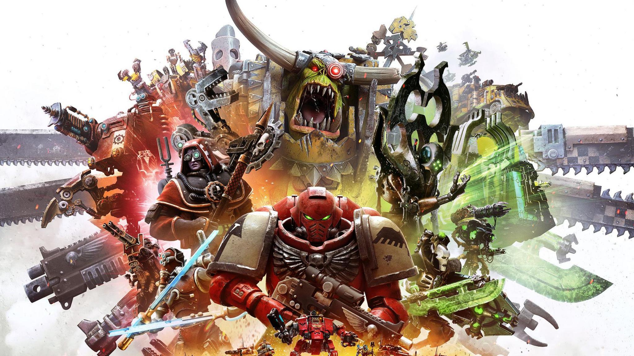 An artist's rendering shows a space marine in red armour standing in front of a mass of grotesque enemies - they are a mass of orcs, robots and weapons.