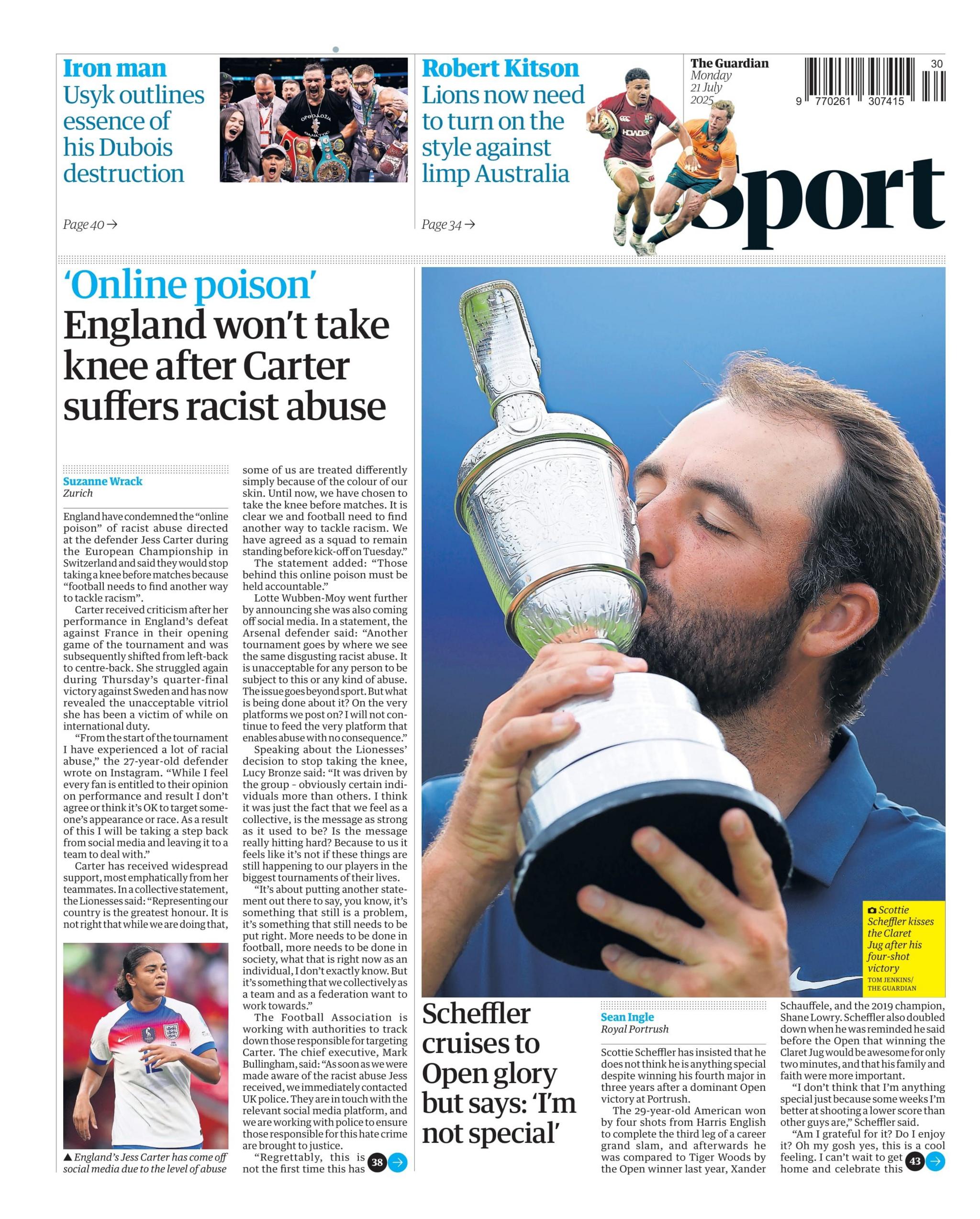 The sports section of Monday's Guardian