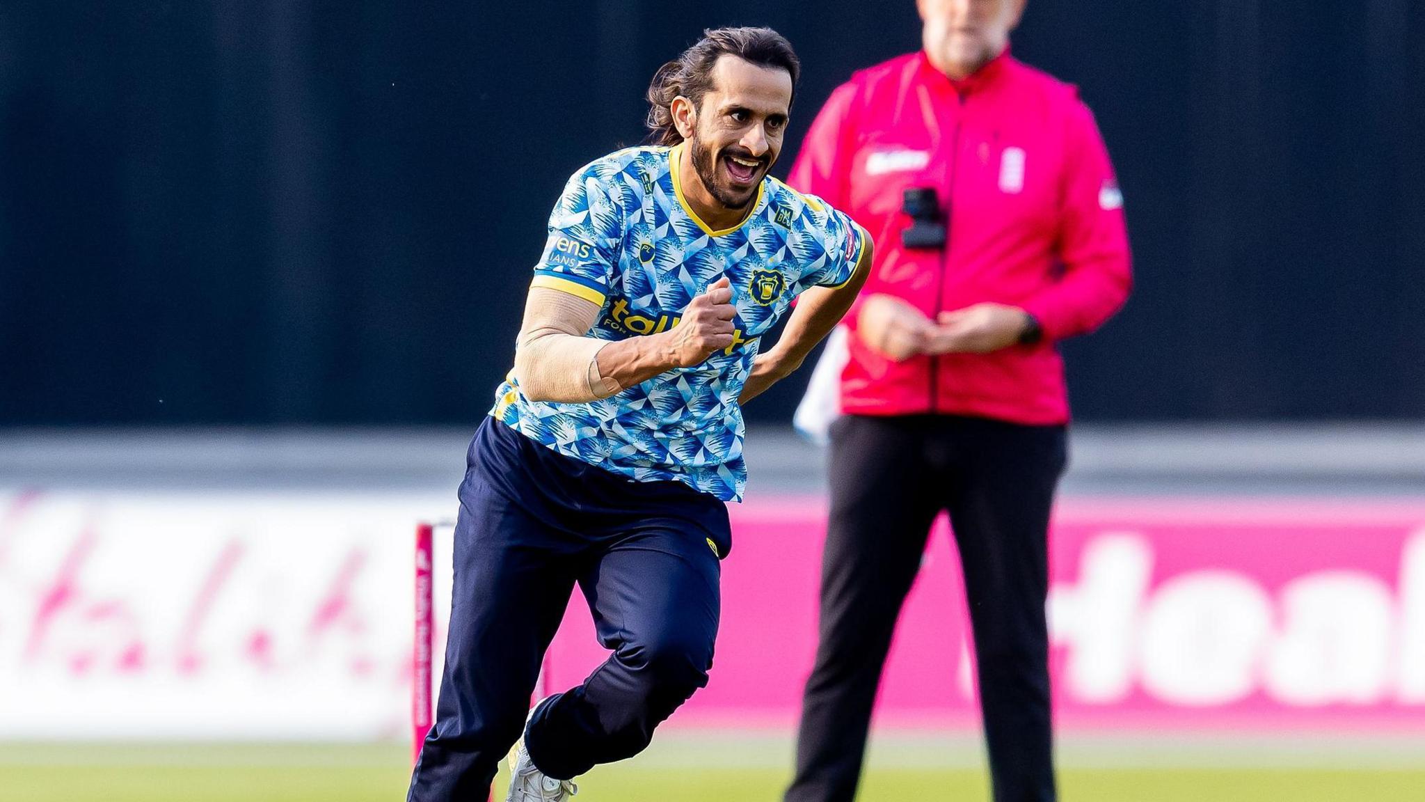 Bears pace bowler Hasan Ali celebrates taking a hat-trick against Derbyshire
