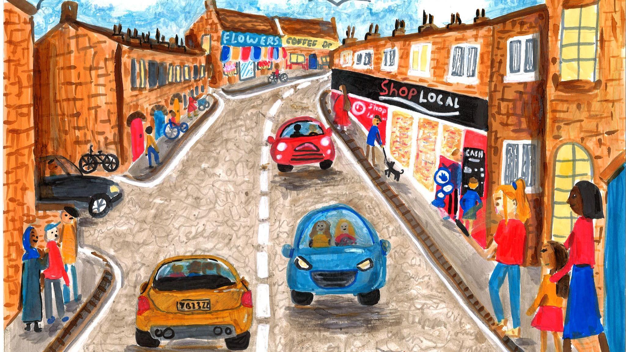 The painting is of cars driving up a road. Either side of the road are bright vibrant buildings.